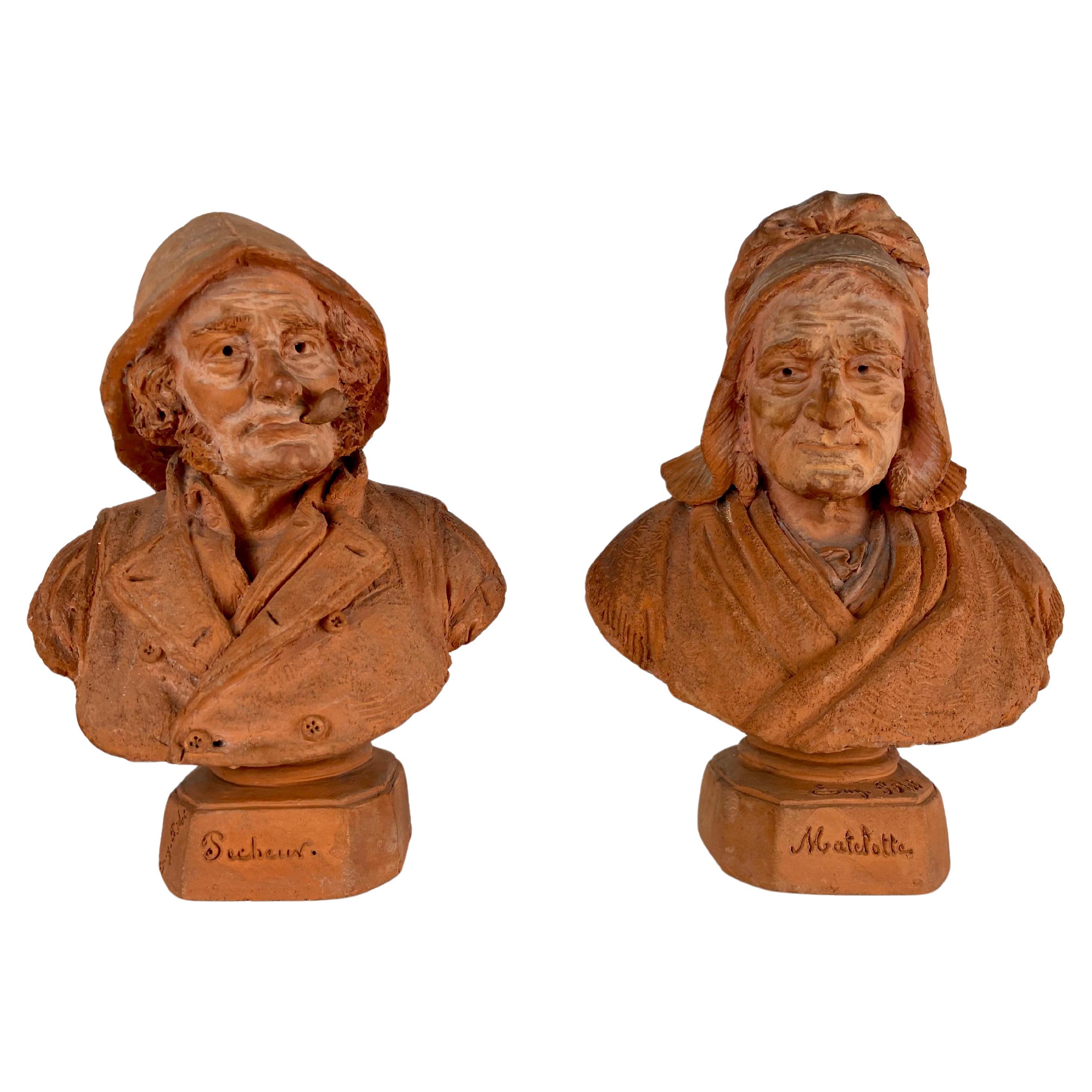 Eugène Blot, paire de petits bustes en terre cuite en vente
