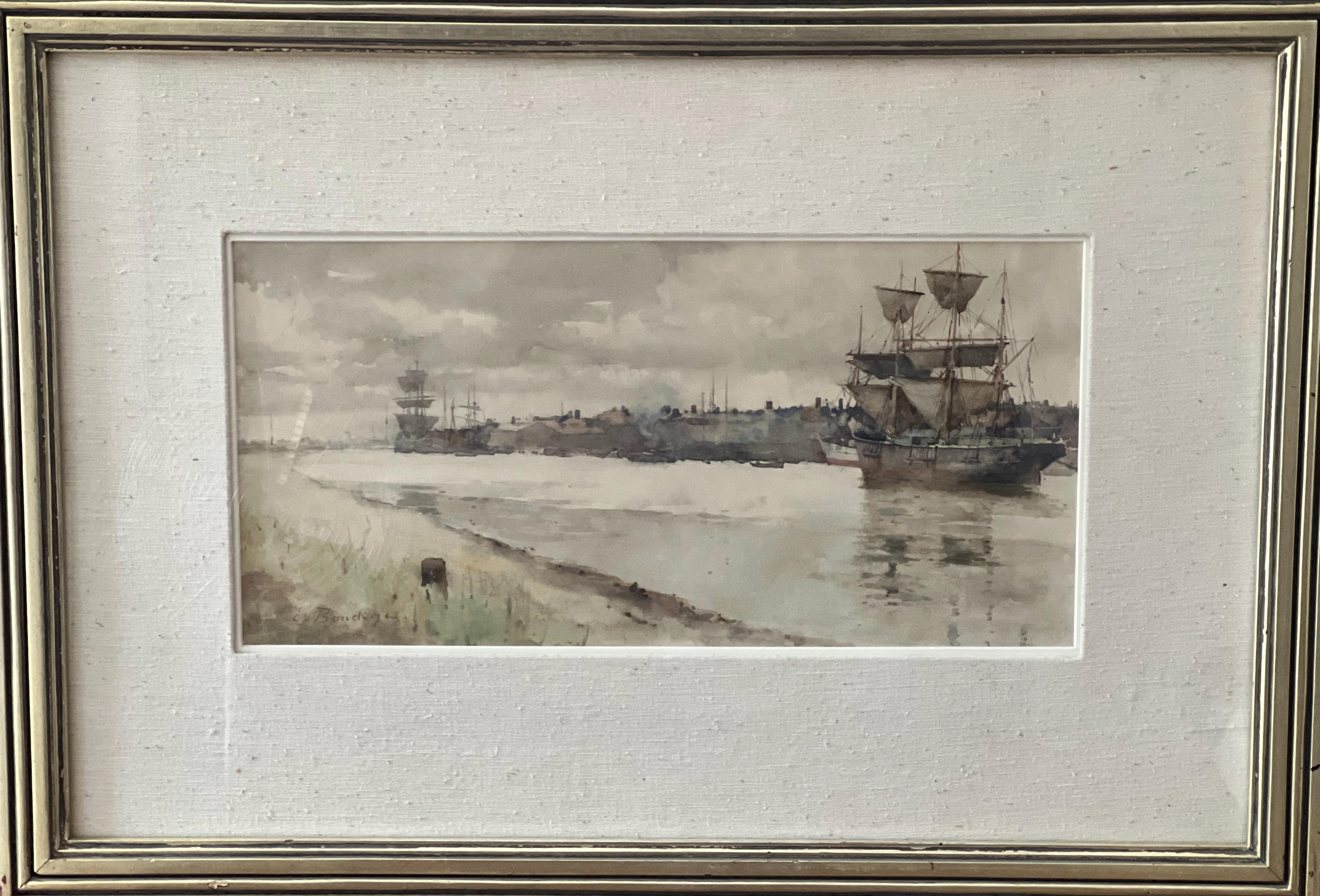 Eugenio Boudin  1824 - 1898 - Acuarela - Barcos en Normandía 

Firmado abajo a la izquierda E Boudin 

Boudin nació en Honfleur, hijo de un capitán de barco. El centro de sus primeras actividades fue El Havre, donde abrió una tienda de marcos,