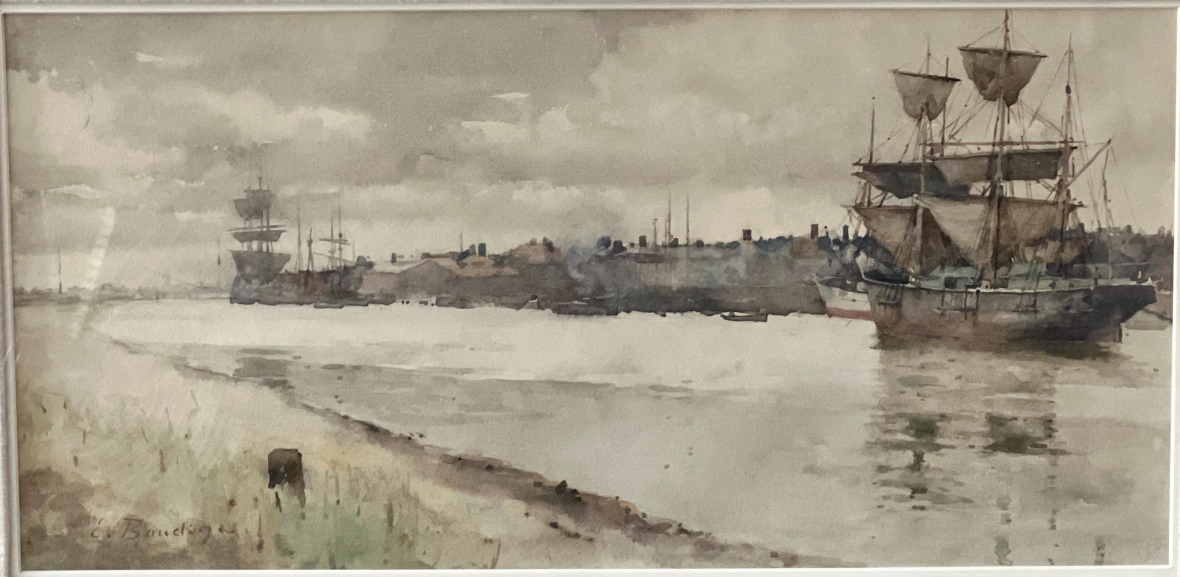Eugenio Boudin  1824 - 1898 - Acuarela - Barcos en Normandía Pintado en venta