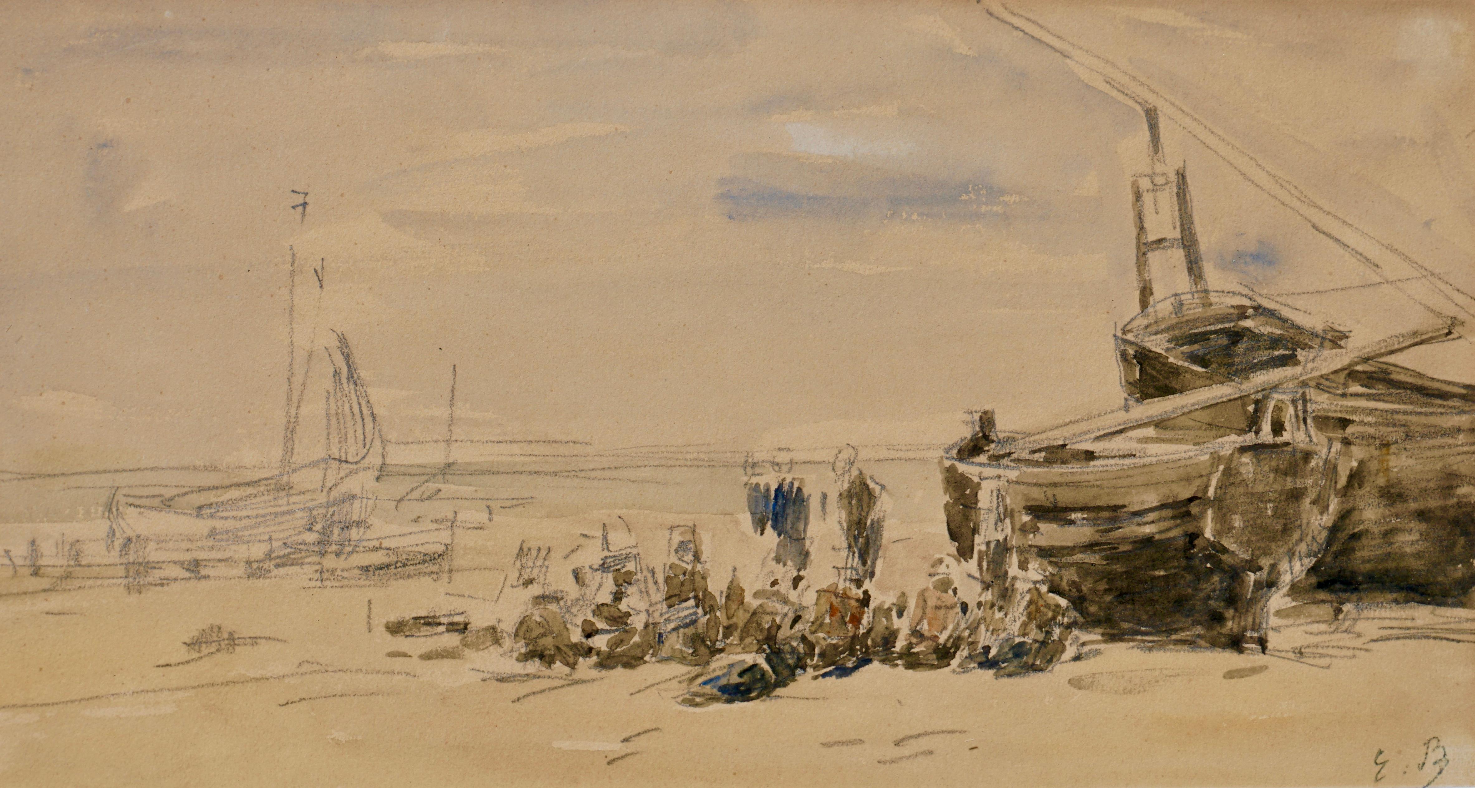 A wonderful beach or plage scene from Eugene Boudin during the low tide (maree basse) near Berck in the Northern tip ofNormandy. Boudin did most of his beach scenes in Dauville, Trouville and Honfleur with rarer ones of Fisherman and beached boats