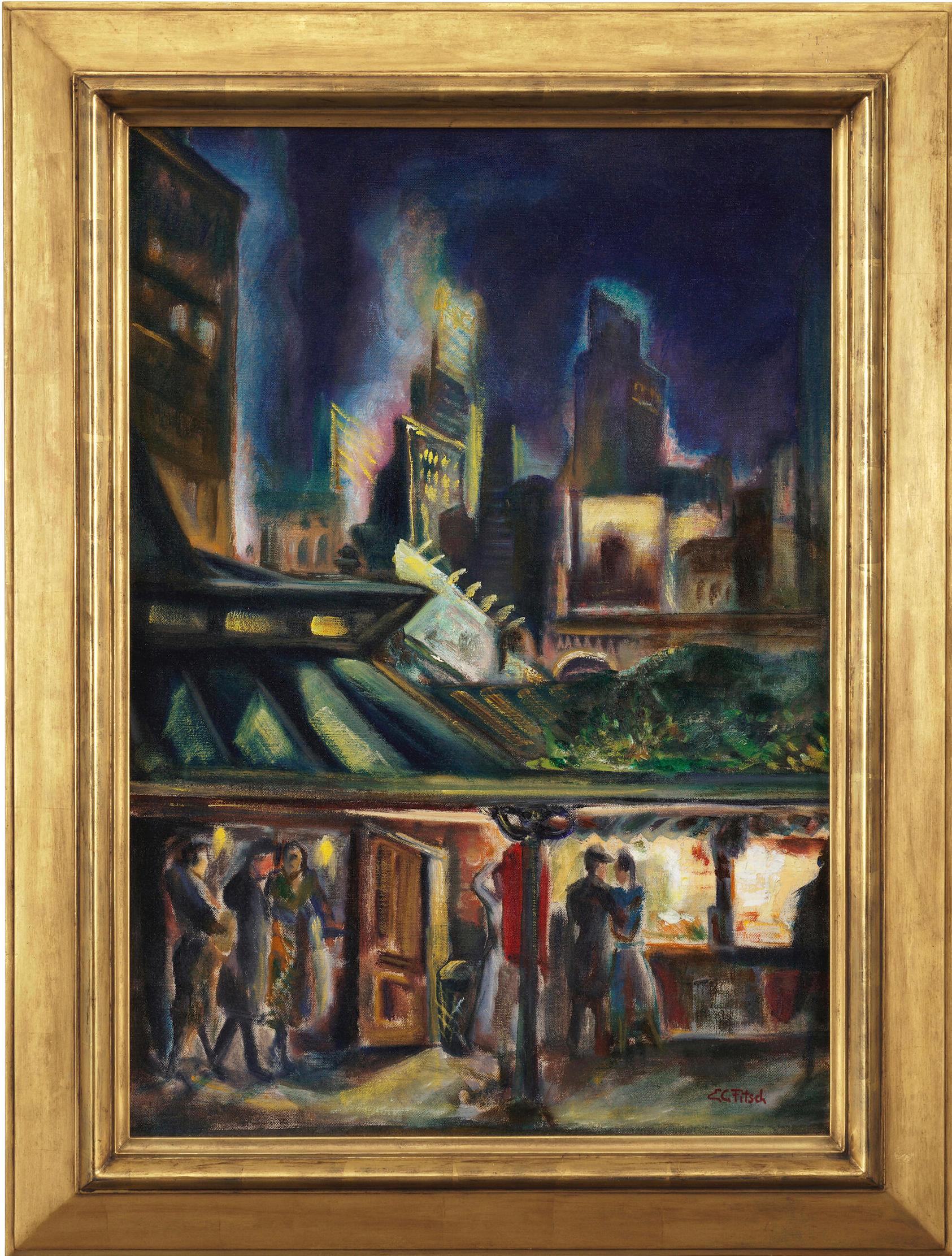 Moody Old New York at Night  - Entrance to the El - Painting by Eugene Camille Fitsch