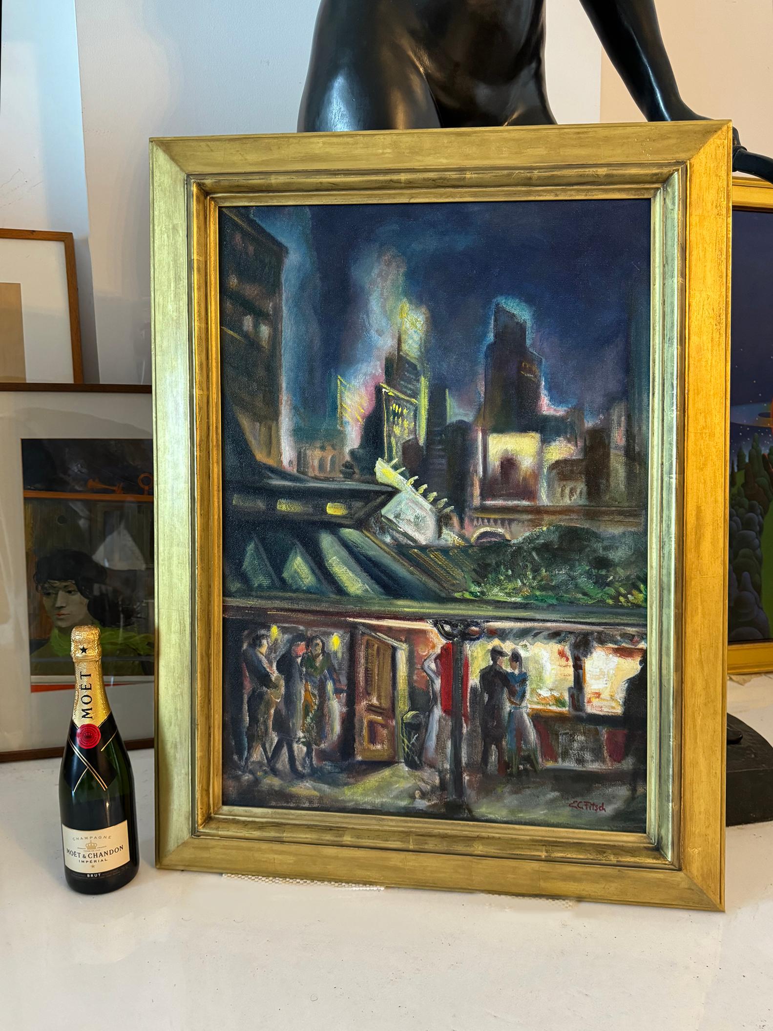 Moody Old New York at Night  - Entrance to the El - Post-Impressionist Painting by Eugene Camille Fitsch