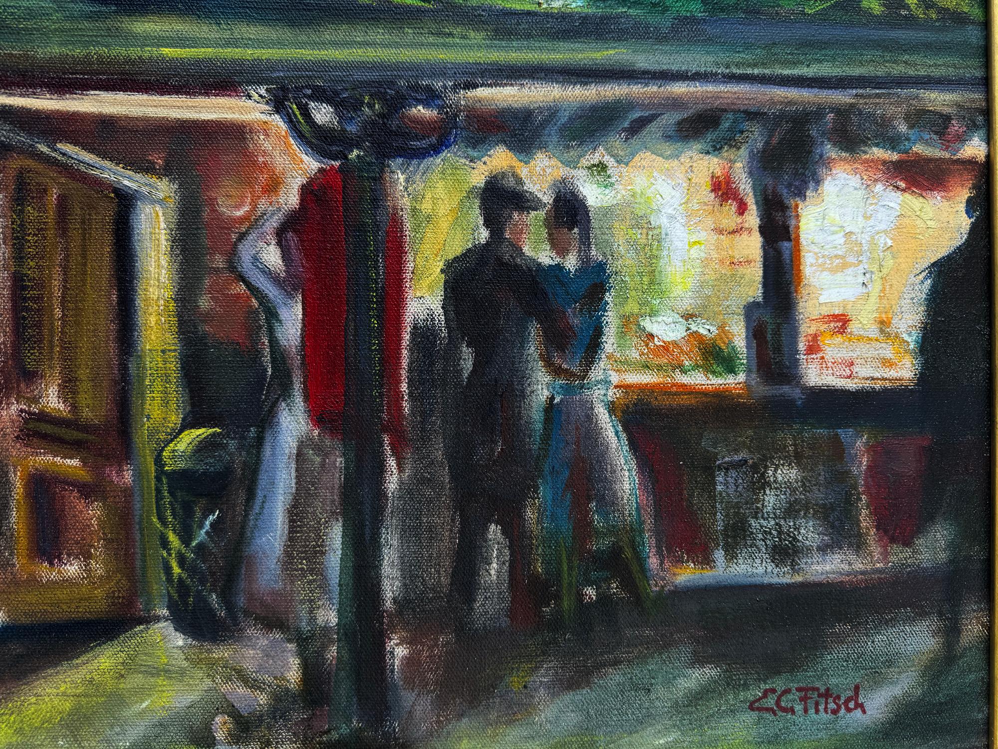 Moody Old New York at Night  - Entrance to the El - Black Landscape Painting by Eugene Camille Fitsch