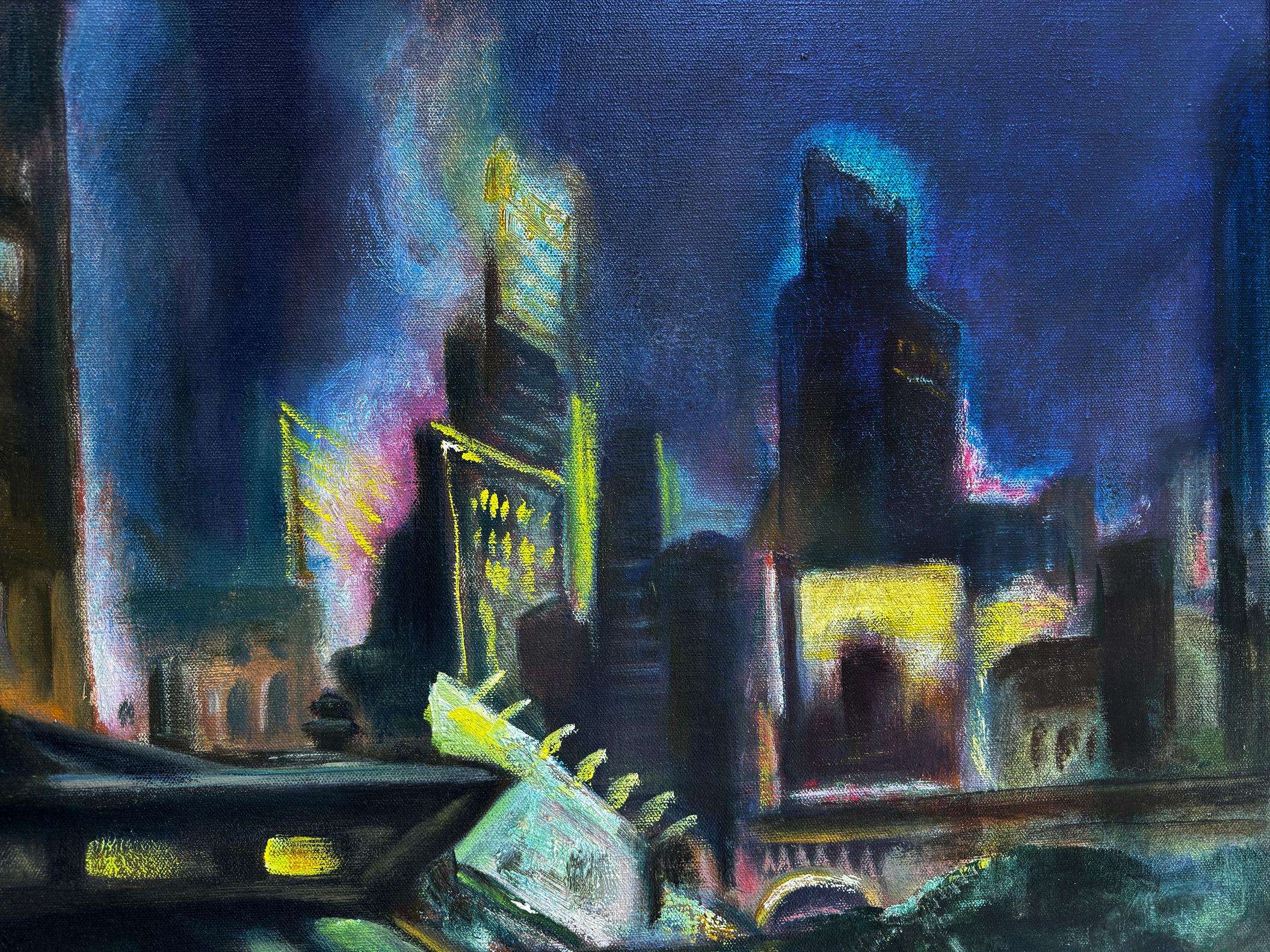Eugene Camille Fitsch paints a quick and loose impression of Old New York at night. 
In the foreground, we see people entering the El and some standing in front of a  Newsstand. The El's metal roof divides the composition horizontally into the two