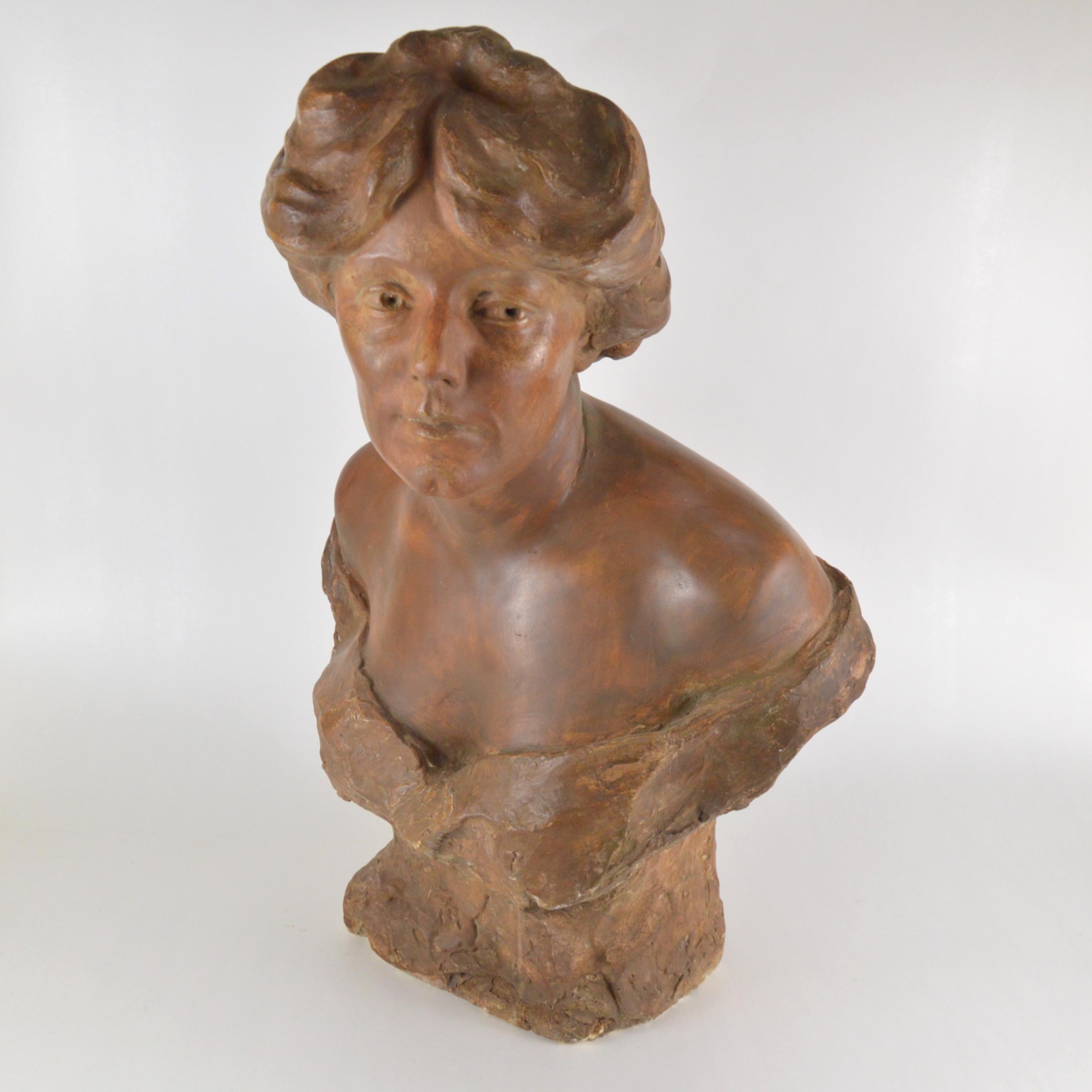 Art Nouveau Eugène Canneel Sculpture Buste of a Woman Patinated Plaster For Sale