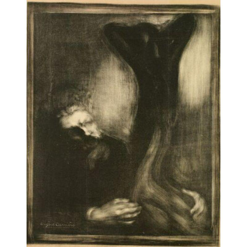 Original Vintage Poster-Eugene Carriere-Rodin Exhibition-Alma, 1900

The poster is adorned with a lithograph by Eugene Carrière representing Rodin modelling a variant of the Awakening. The sculptor, whose forehead stands out in the darkness, looks