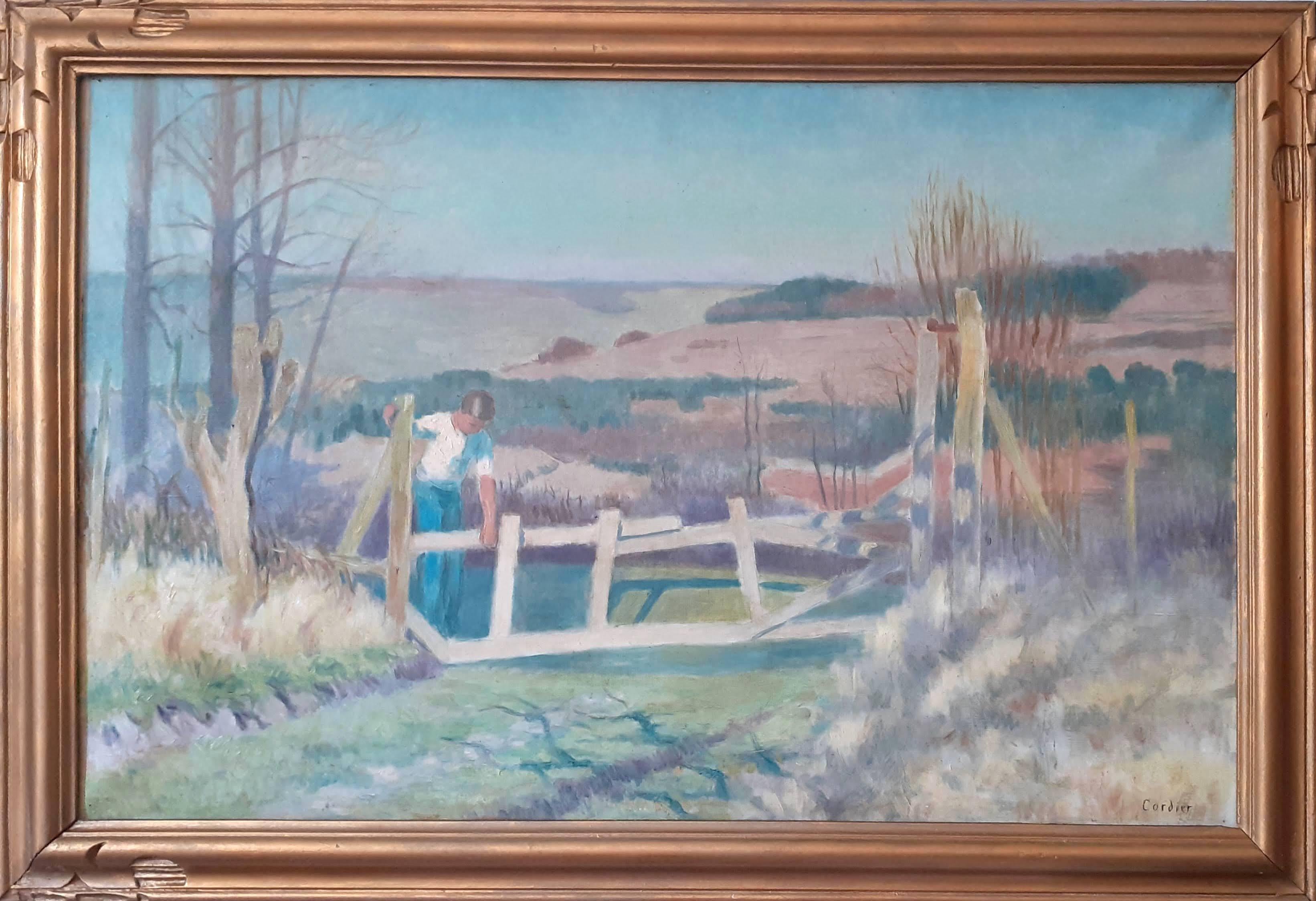 Jeune garçon dans un paysage, grande peinture d'époque art déco  - Painting de Eugene Cordier 