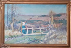 Boy in a landscape, large art deco period painting