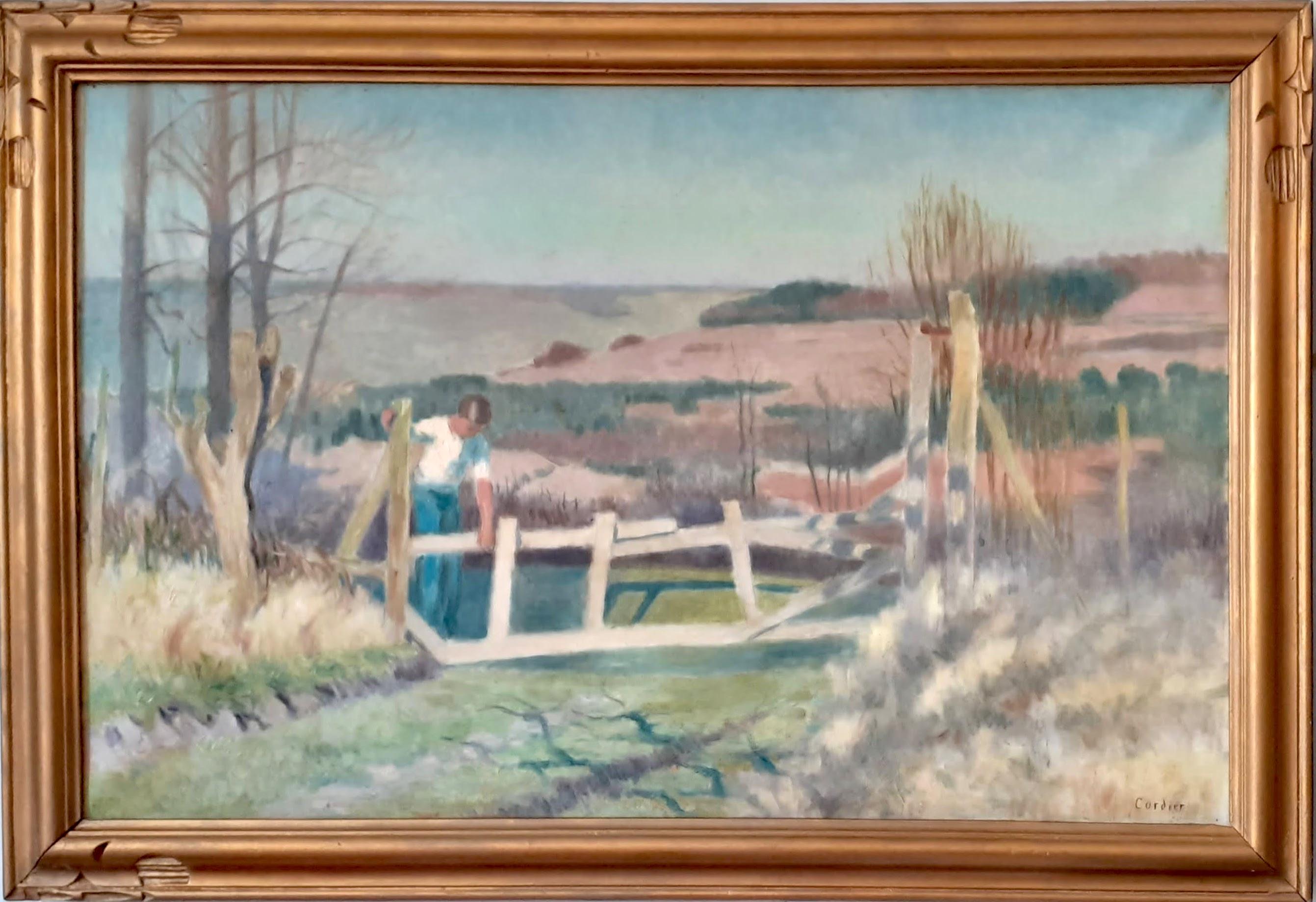 Figurative Painting Eugene Cordier  - Jeune garçon dans un paysage, grande peinture d'époque art déco 