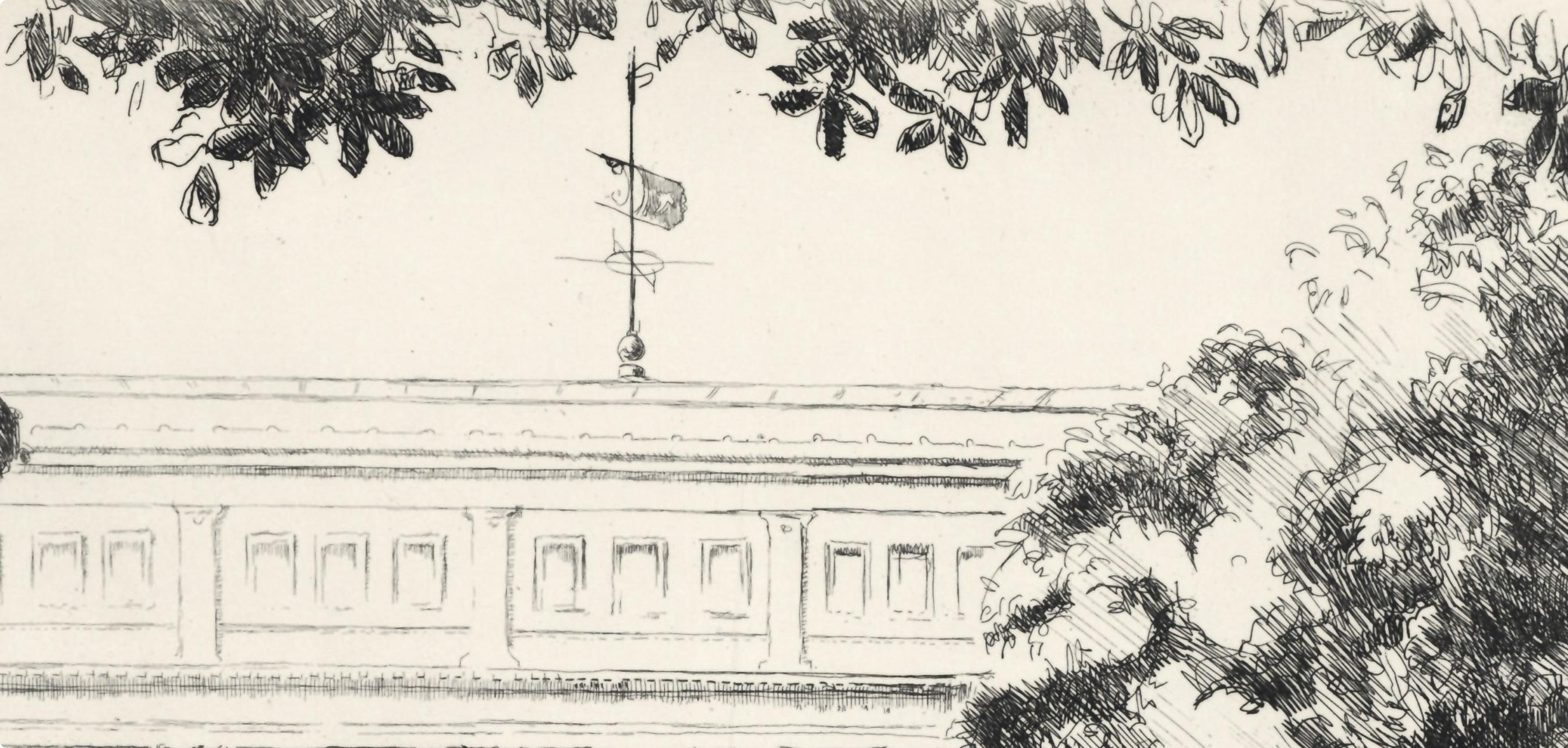 La Bibliothèque nationale, A La gloire à Paris, Eugène Corneau (Beige), Landscape Print, von Eugene Corneau