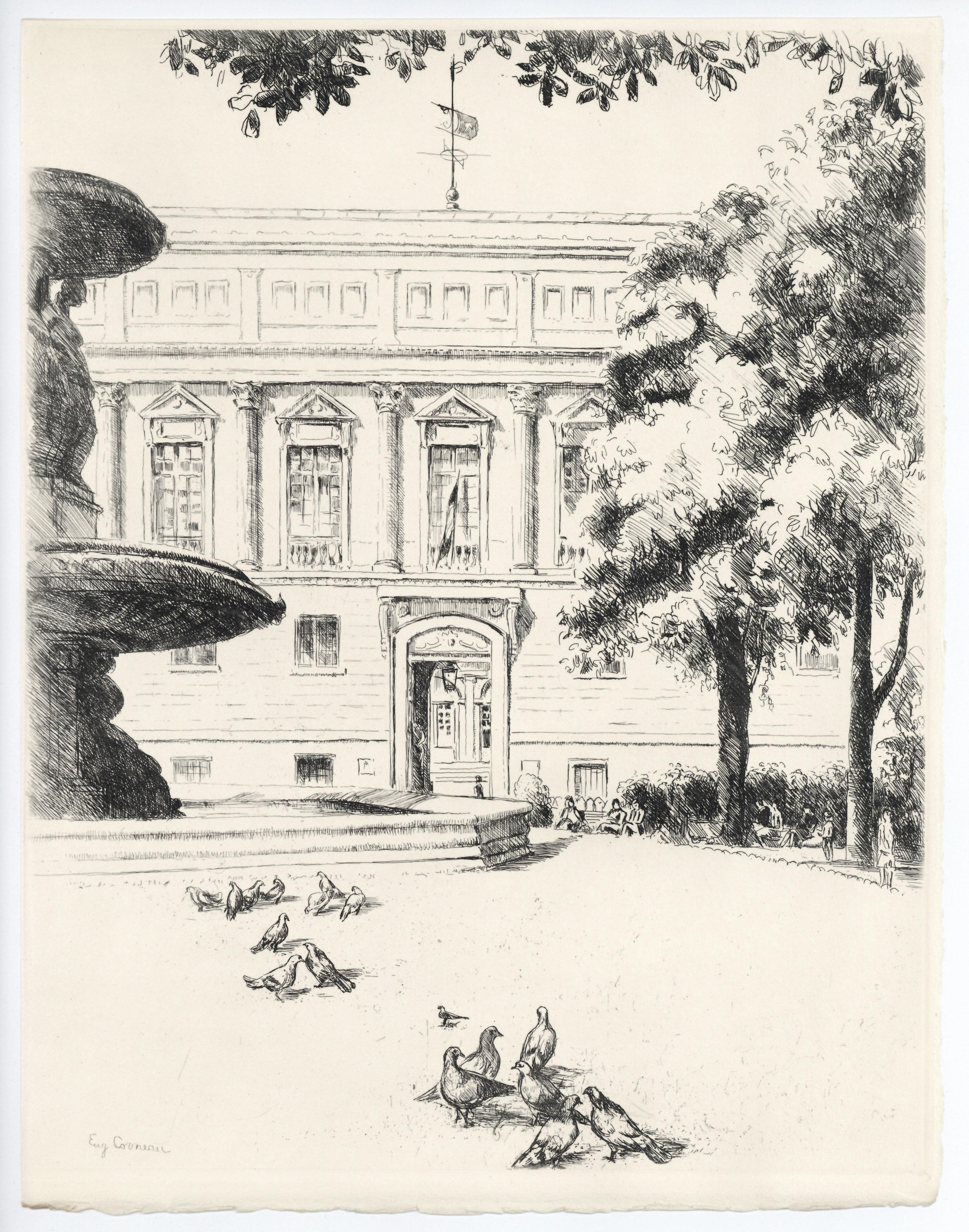 "La Bibliotheque Nationale" original etching - Print by Eugene Corneau