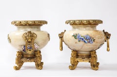 Eugène Cornu, Pair of French Japonisme/Chinoiserie Ormolu Mtd Enameled Onyx Urns