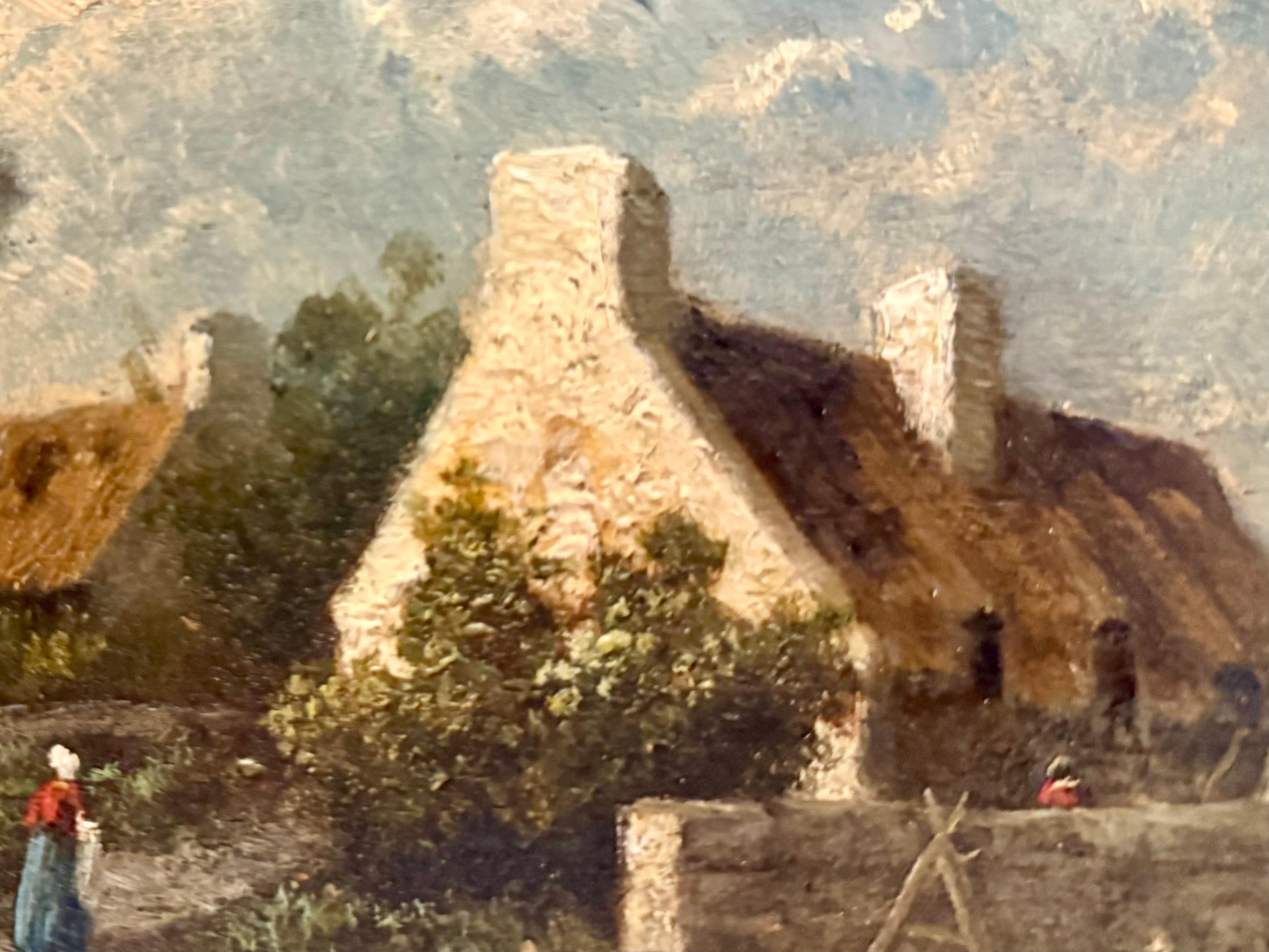 Thatched Cottage in landscape with figure, 19th C, oil on panel - Painting by Eugene Cottin