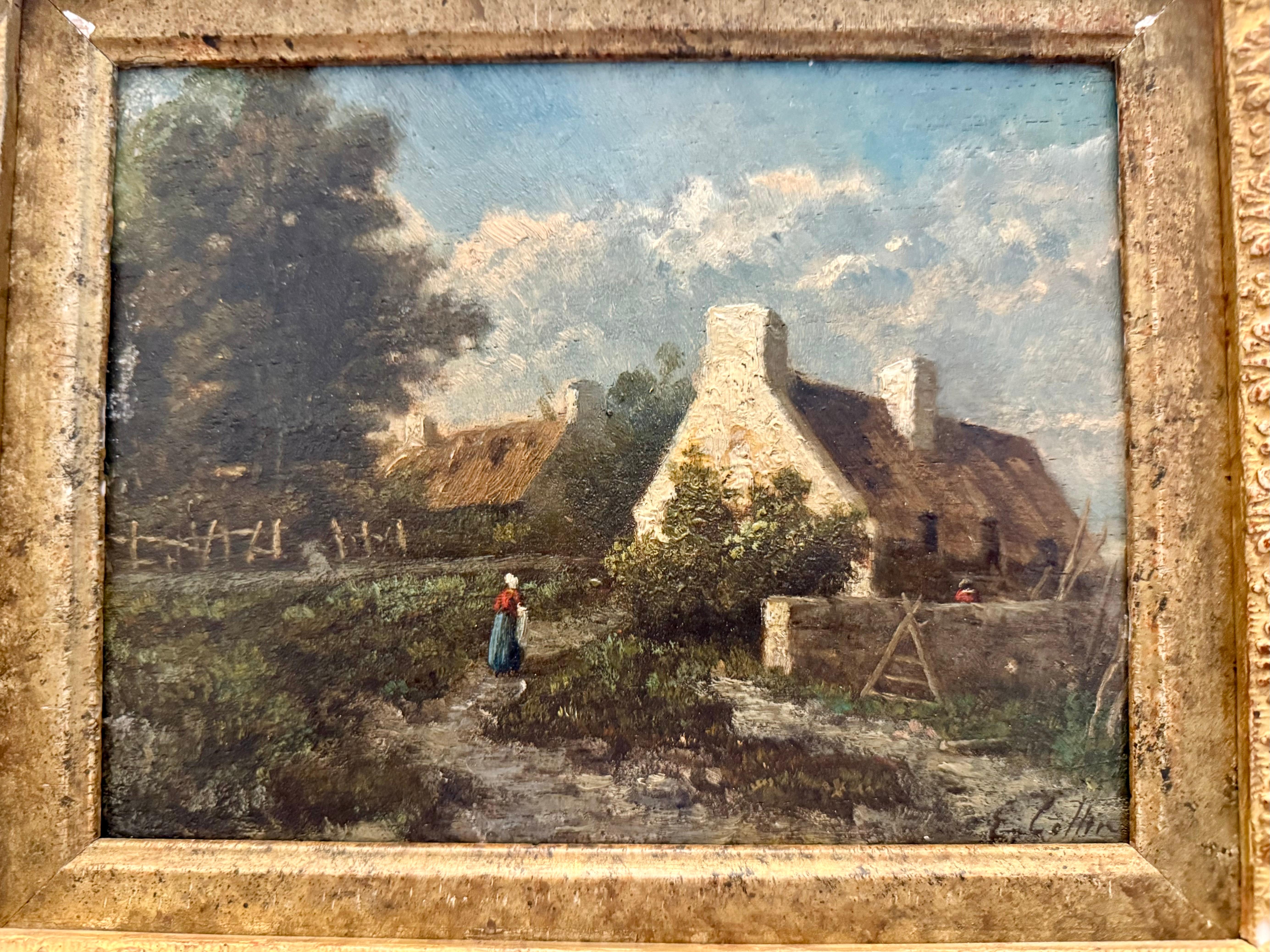 Thatched Cottage in landscape with figure, 19th C, oil on panel - French School Painting by Eugene Cottin