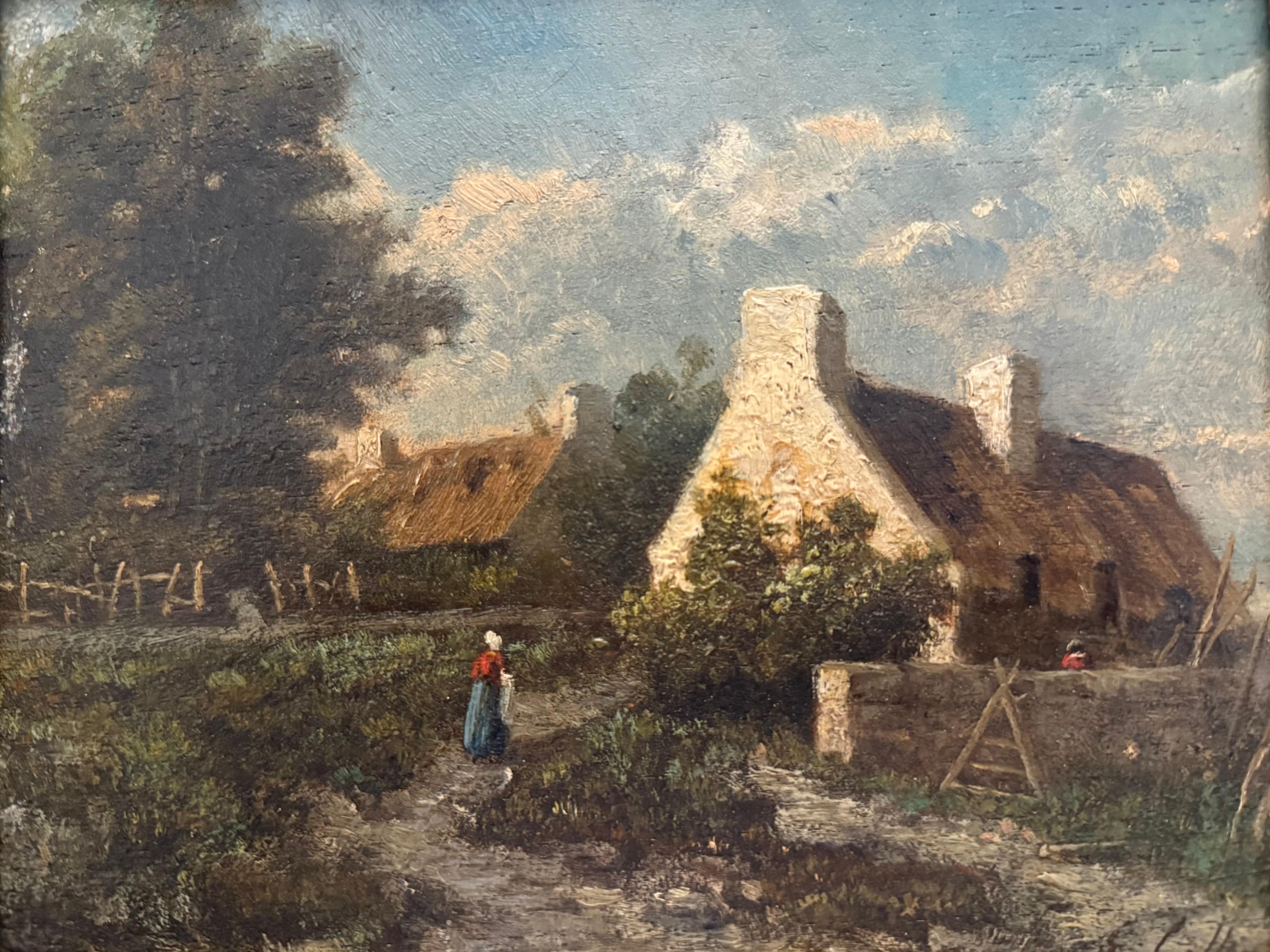 Thatched Cottage in landscape with figure, 19th C, oil on panel - Brown Landscape Painting by Eugene Cottin