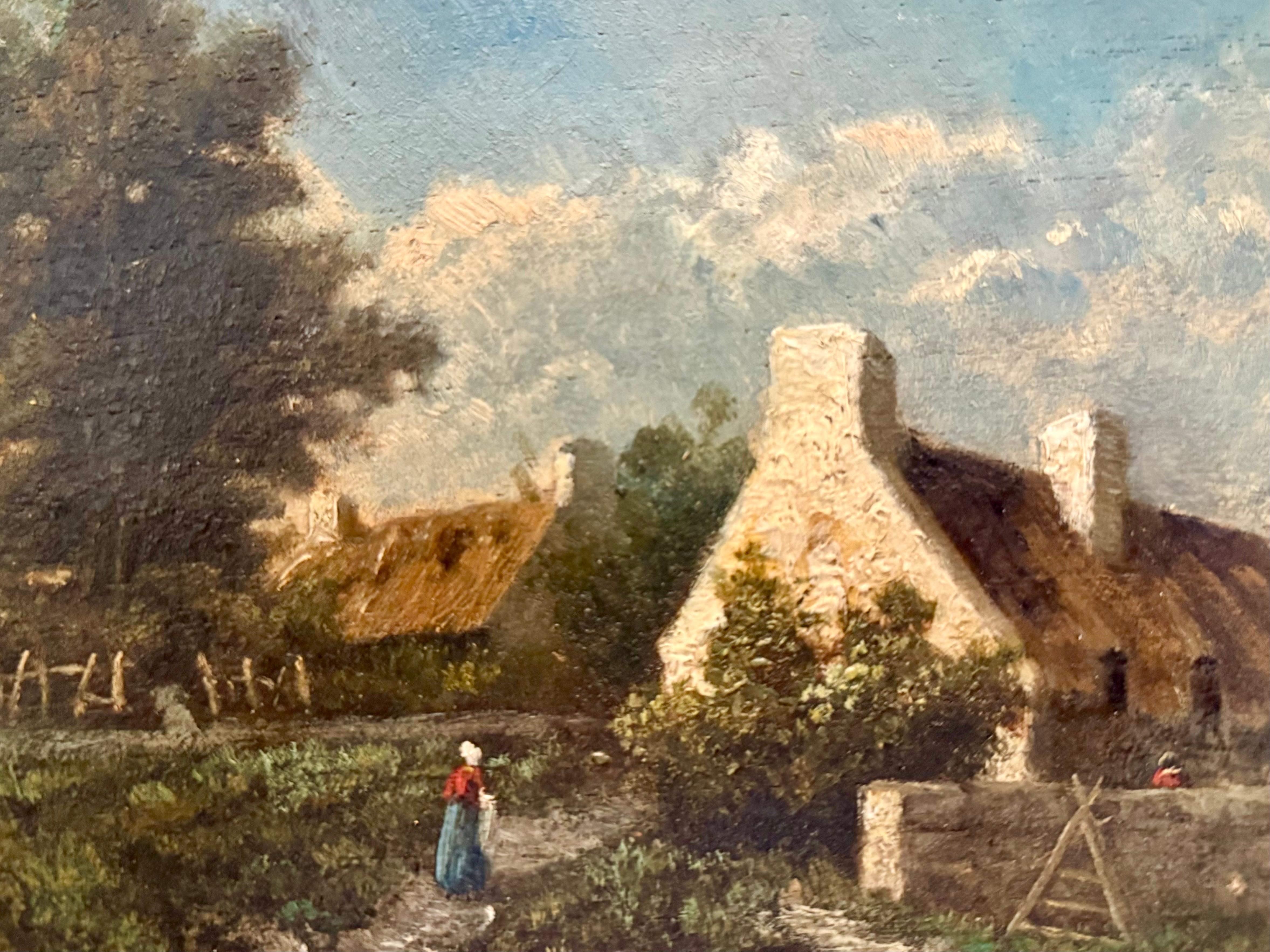 Charming thatched  cottages and figure in landscape greenery and blue skies by  French/Strasbourg artist Eugene Cottin (1840-1902).  Born in Strasbourg, he was educated in the School of Fine Art in Paris and his work was represented in the