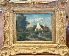 Thatched Cottage in landscape with figure, 19th C, oil on panel