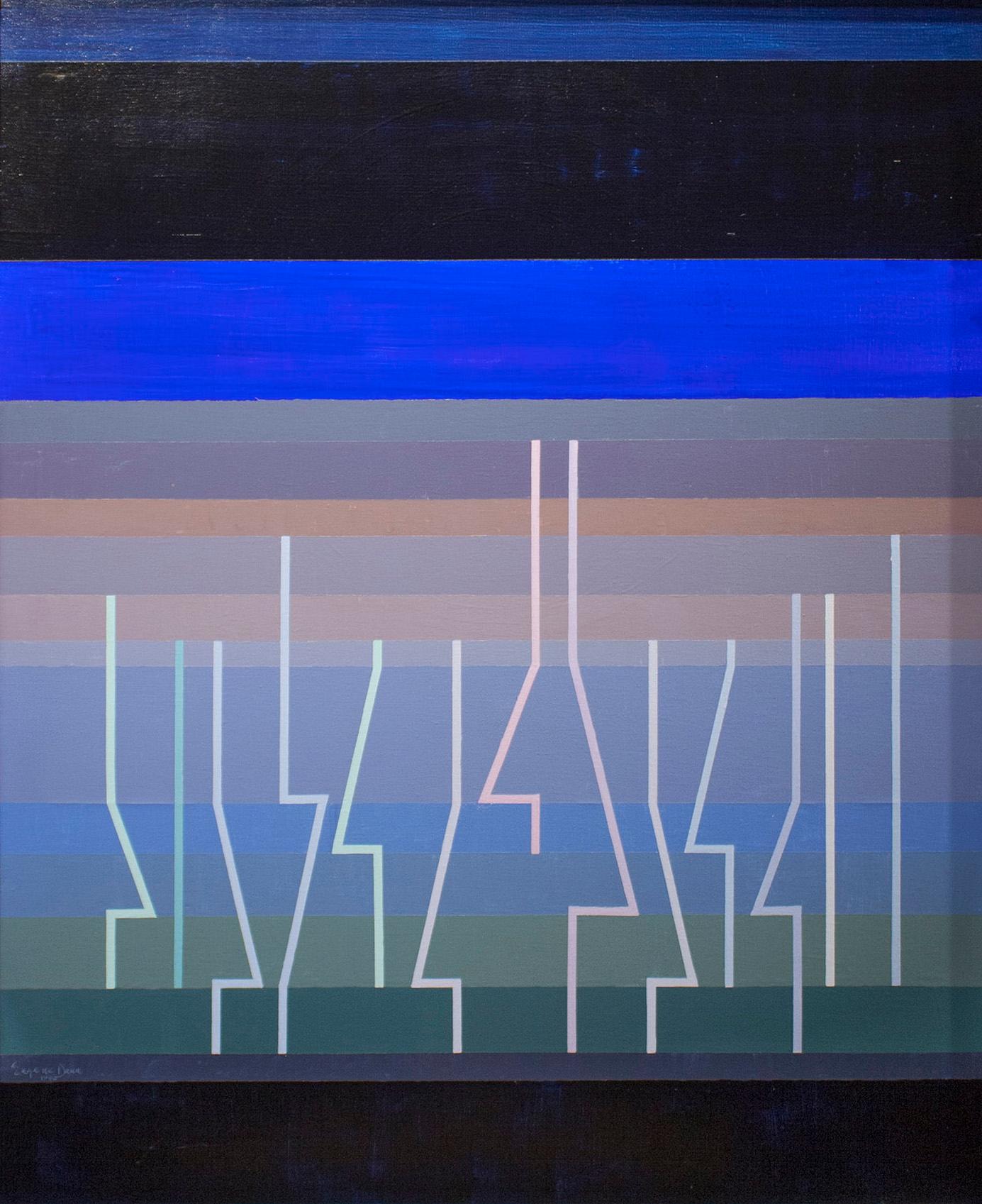 Un grande e luminoso quadro geometrico astratto intitolato "Night Fete Champetre" dell'artista dell'Institute of Design Eugene Dana.  Dimensioni dell'opera d'arte:  37" x 30". Dimensioni della cornice:  38" x 31".  Provenienza:  Proprietà