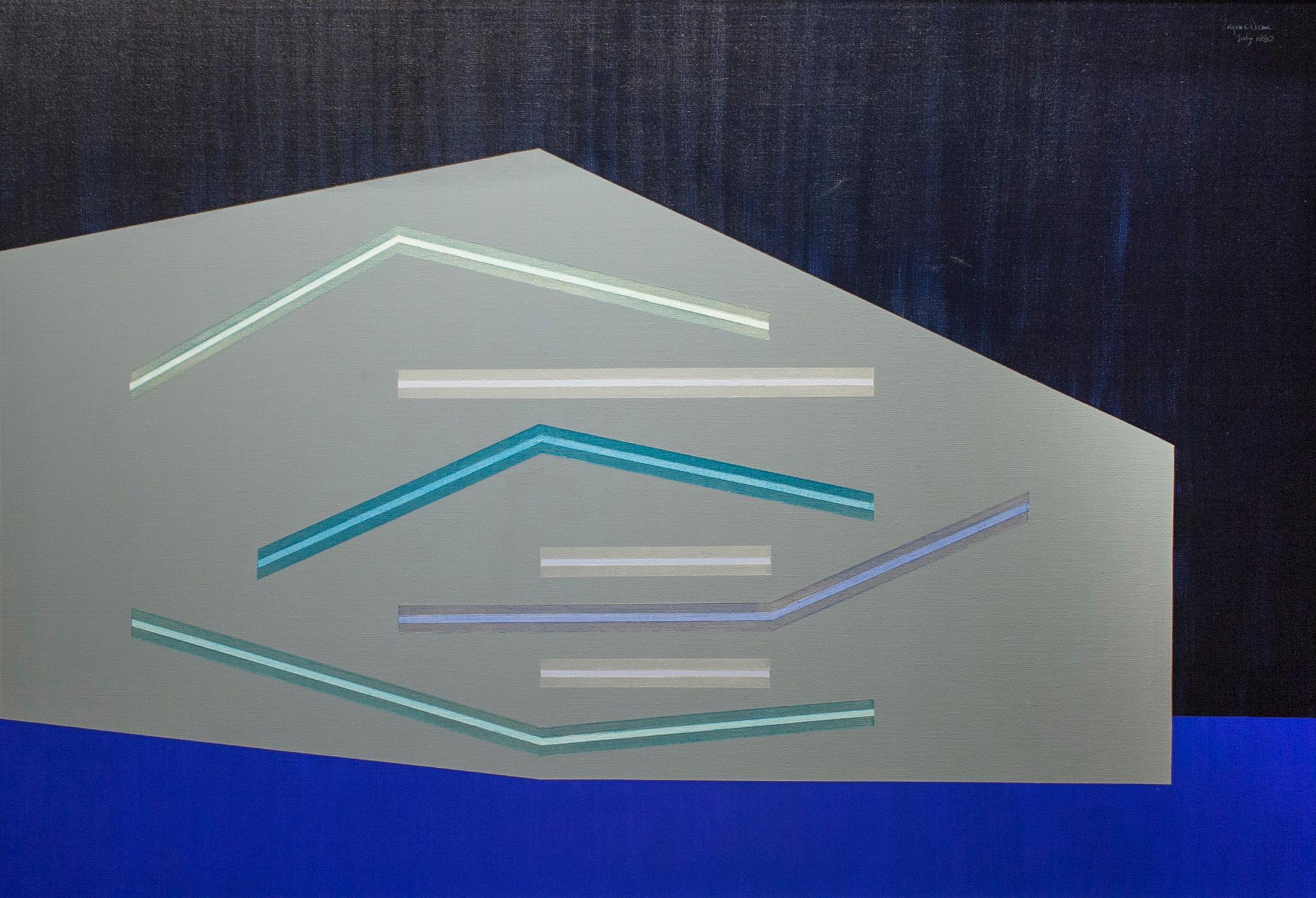 Un grande dipinto geometrico astratto orizzontale di colore blu dell'artista dell'Institute of Design Eugene Dana.  Dimensioni dell'opera d'arte:  34" x 48".  Dimensioni della cornice: 
 35" x 49".  Provenienza:  Proprietà dell'artista.

Esposto: 