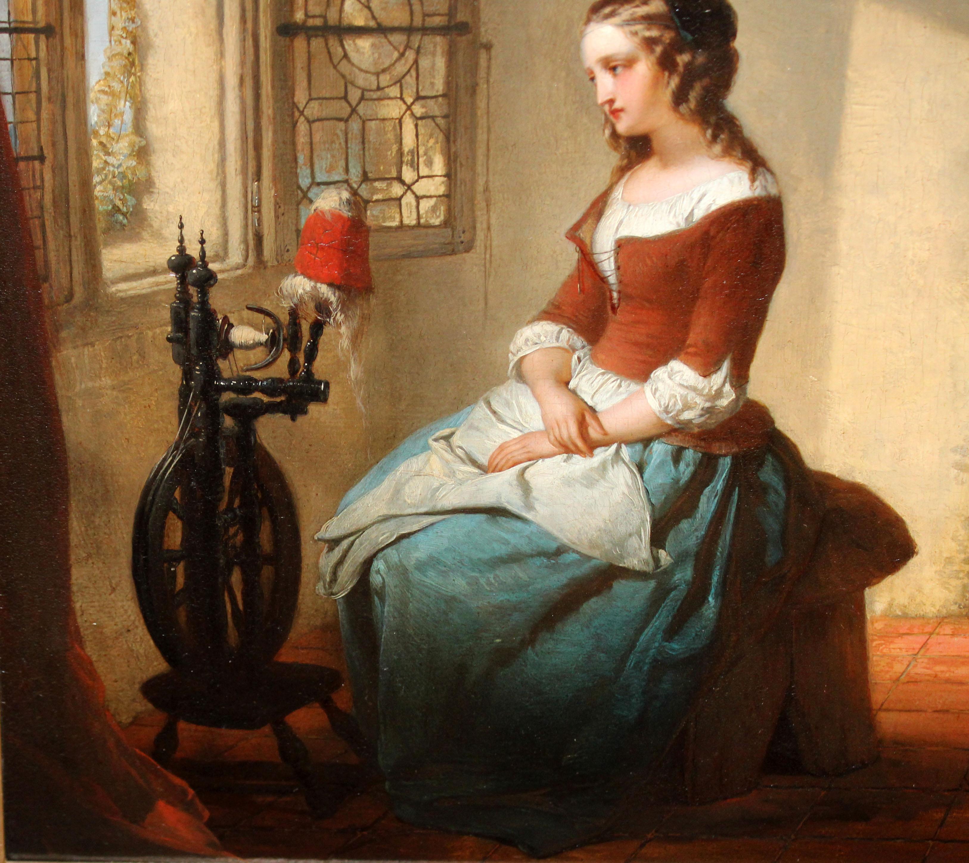 Joven hilandera - Óleo sobre tabla - Brown Figurative Painting by Eugene De Block