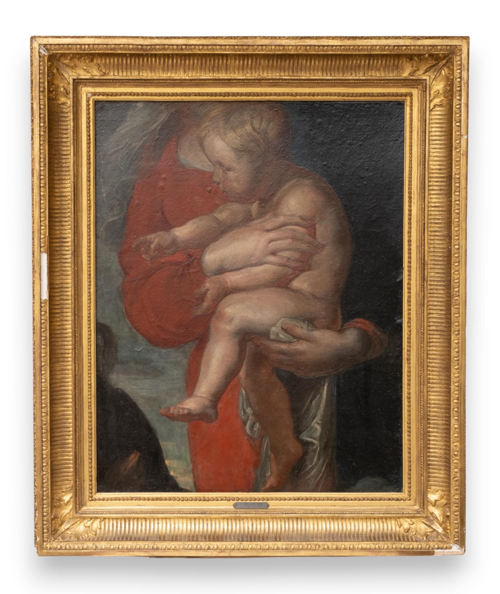 Label On Verso And Bearing A Red Wax Seal: E.D.
FRENCH SCHOOL around 1850 after Peter Paul RUBENS (1577-1640) Detail of a Virgin and Child in a 19th century gilded stuccoed wooden frame bearing on a cartel an old attribution to Eugène DELACROIX