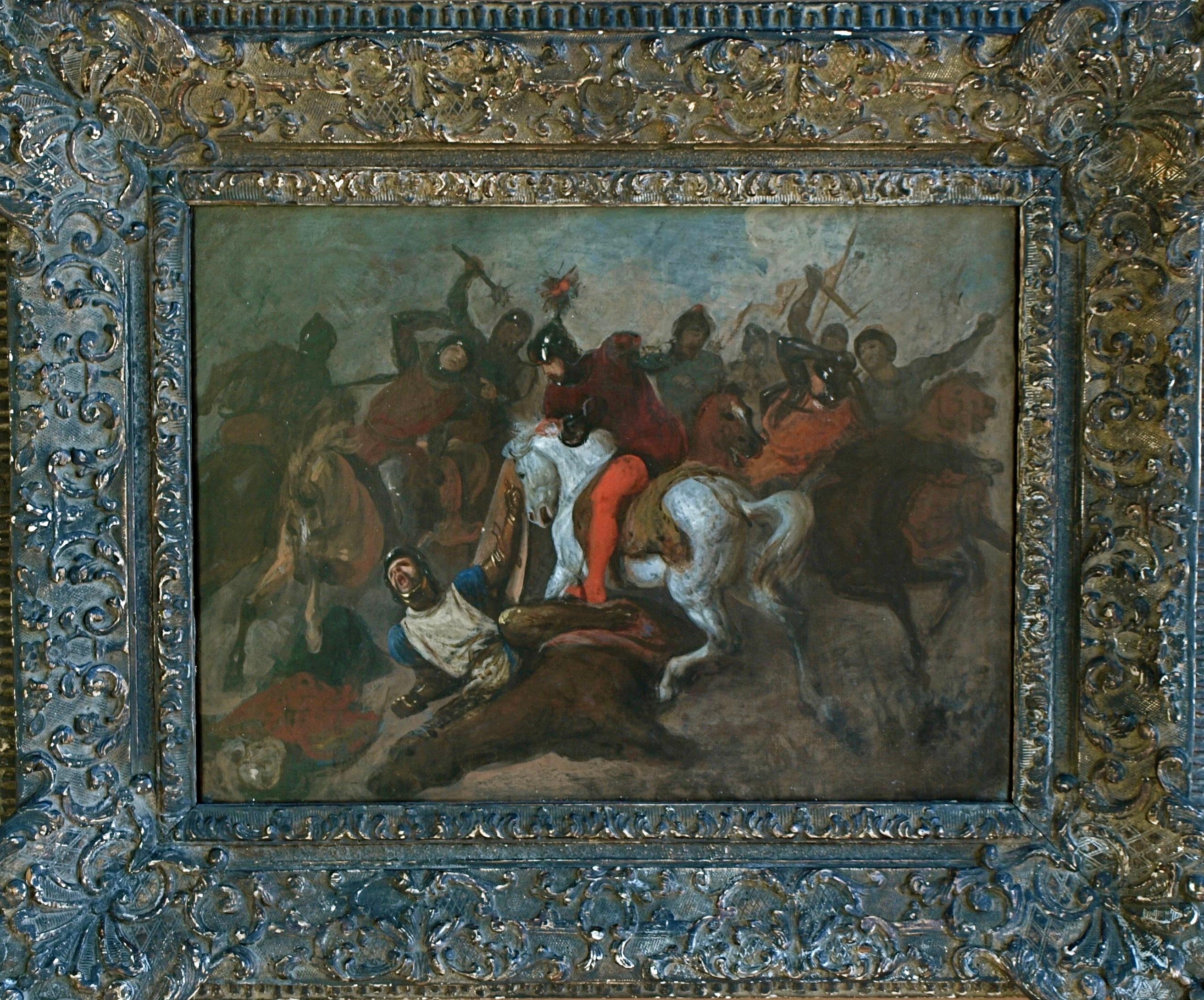 The Battle - Soldiers riding horses in the heat of a violent battle 19th century - Painting by Eugene Delacroix (manner of)