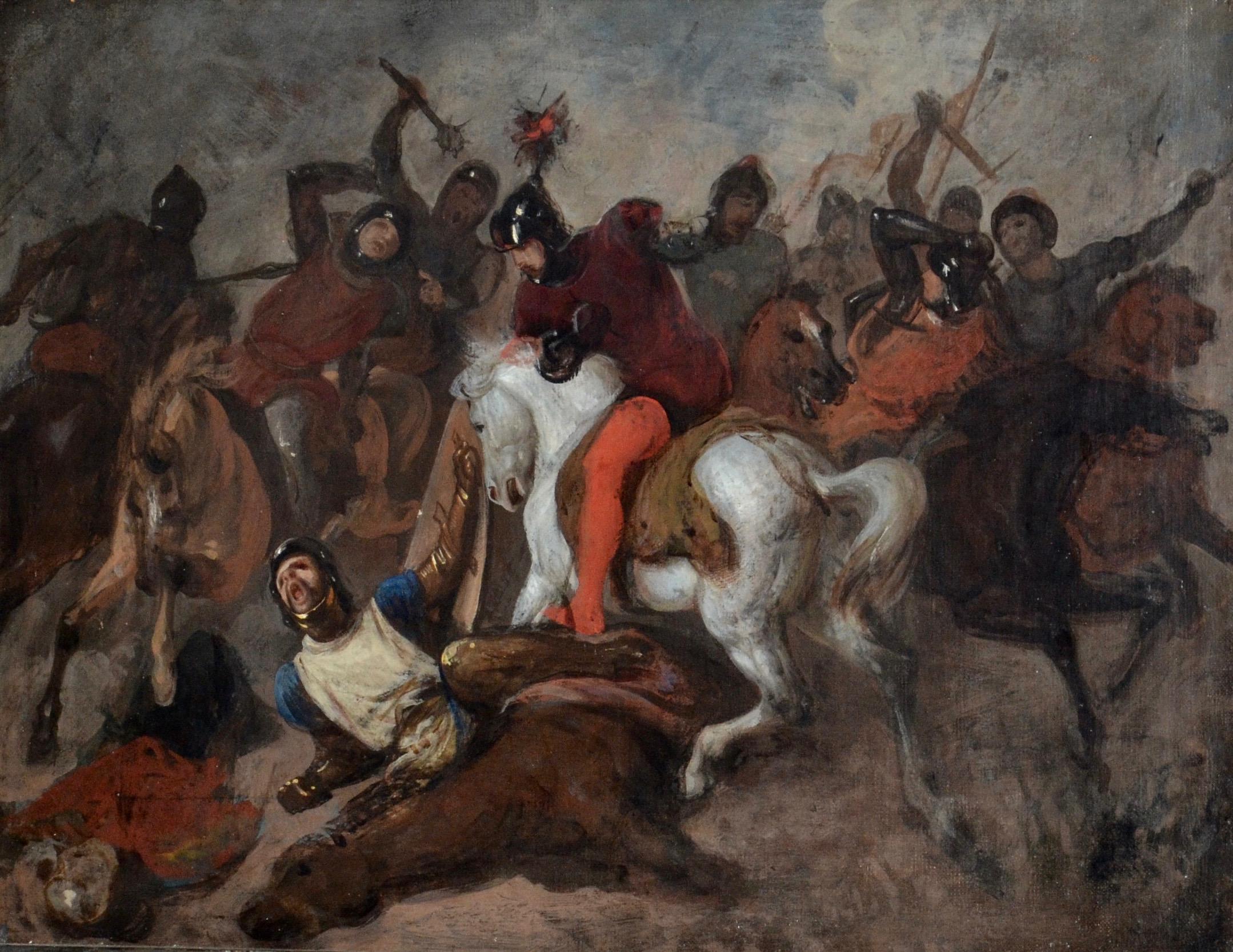 Eugene Delacroix (manner of) Figurative Painting - The Battle - Soldiers riding horses in the heat of a violent battle 19th century