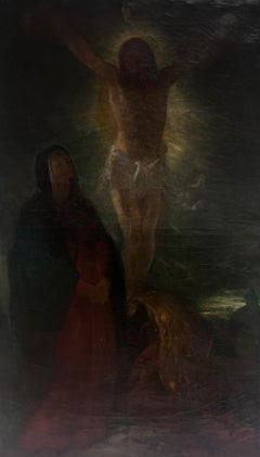 Grande peinture à l'huile de la période romantique française des années 1830 Christ en croix