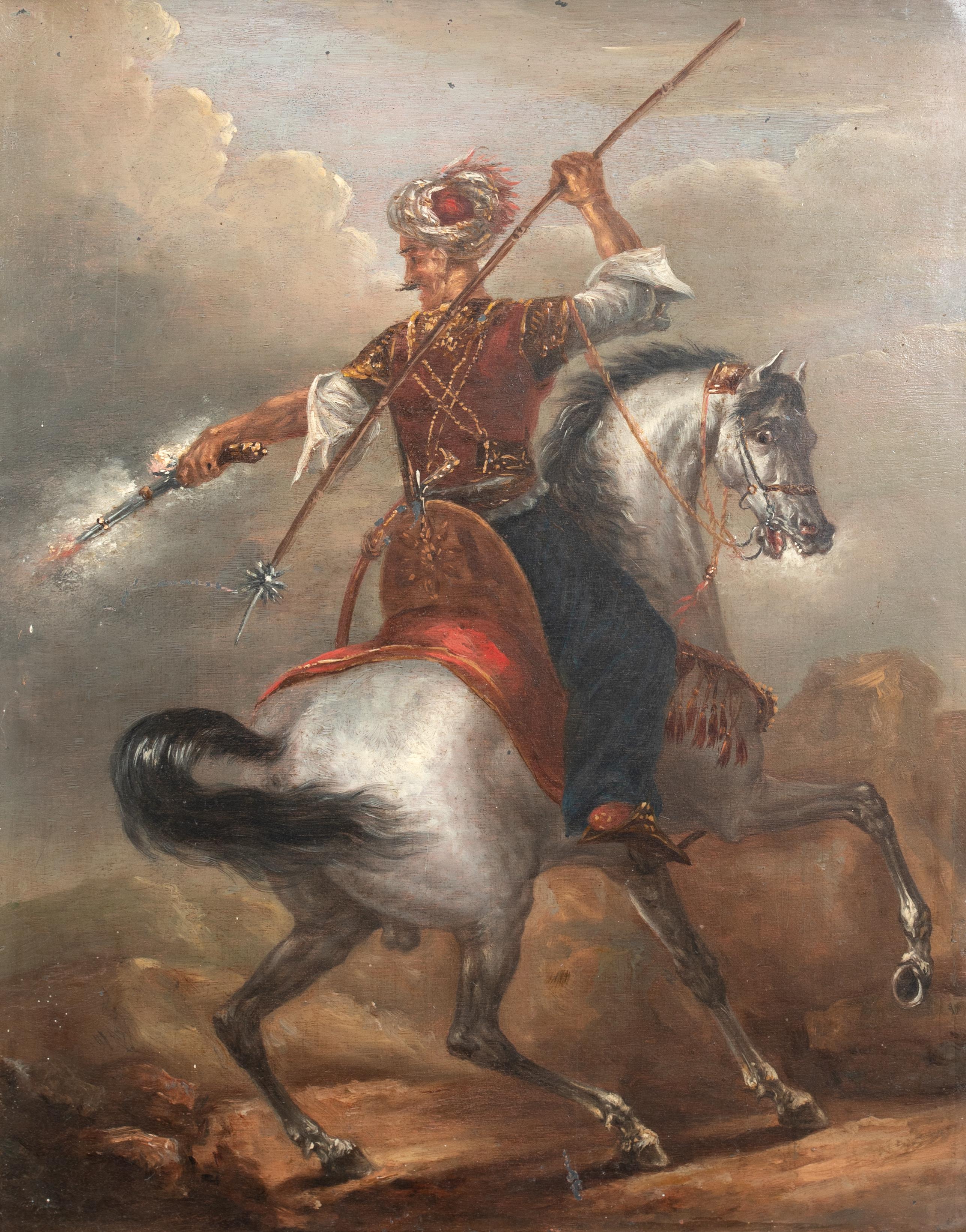 Arabischer Kampfer auf Pferd, 19. Jahrhundert

Der Kreis um Eugène Delacroix (1798-1863)

Französische Studie eines arabischen Kämpfers zu Pferd mit Pistole und Speer aus dem 19. Jahrhundert, Öl auf Karton. Hervorragende Qualität CIRCA 1850 Studie