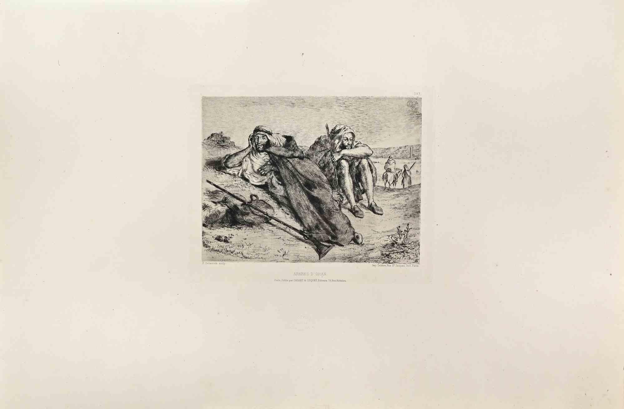 Arabes d'Oran ist eine Schwarz-Weiß-Radierung von E. Delacroix aus den 1860er Jahren. 

Im unteren Bereich betitelt.

Bildgröße: 17x21.

Sehr guter, breitrandiger Abdruck mit sehr frischer Tinte.

Realisiert für die "Société des Aquafortistes". Die
