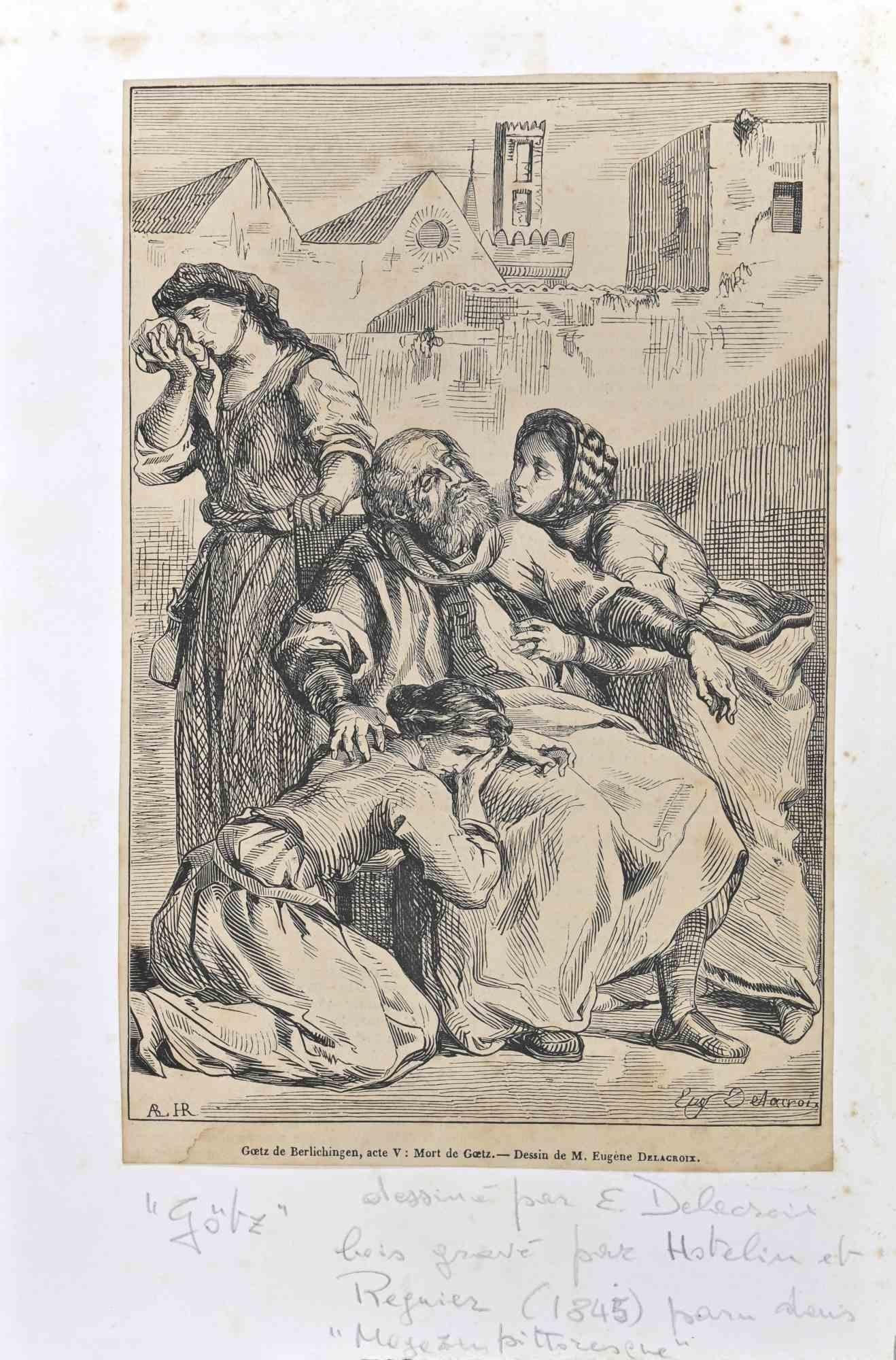 Eugene Delacroix Figurative Print - Death of Goetz von Berlichingen - Woodcut after Eugène Delacroix - 1845