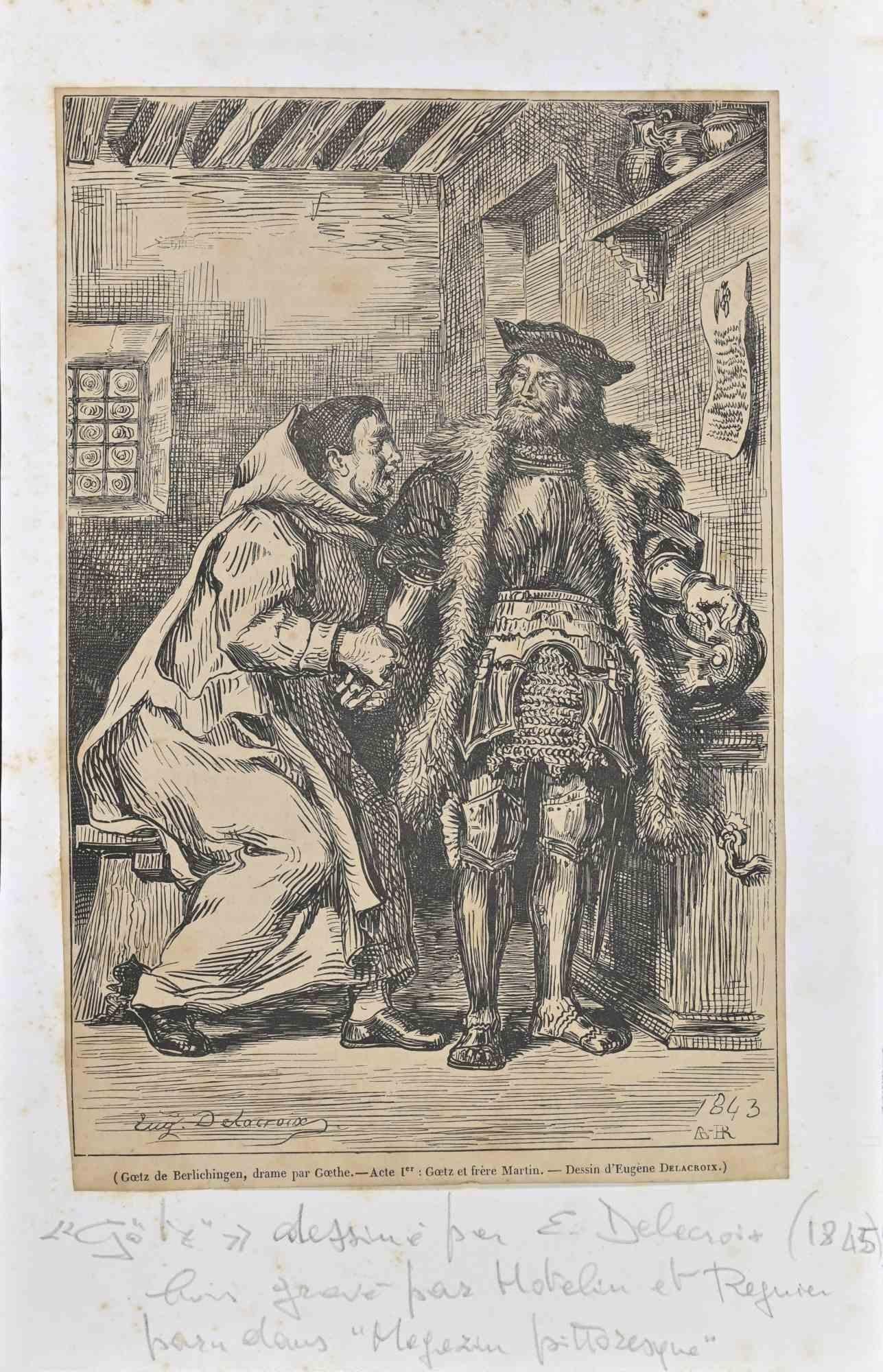 Eugene Delacroix Figurative Print - Goetz and Friar Martin - Woodcut after Eugène Delacroix - 1845