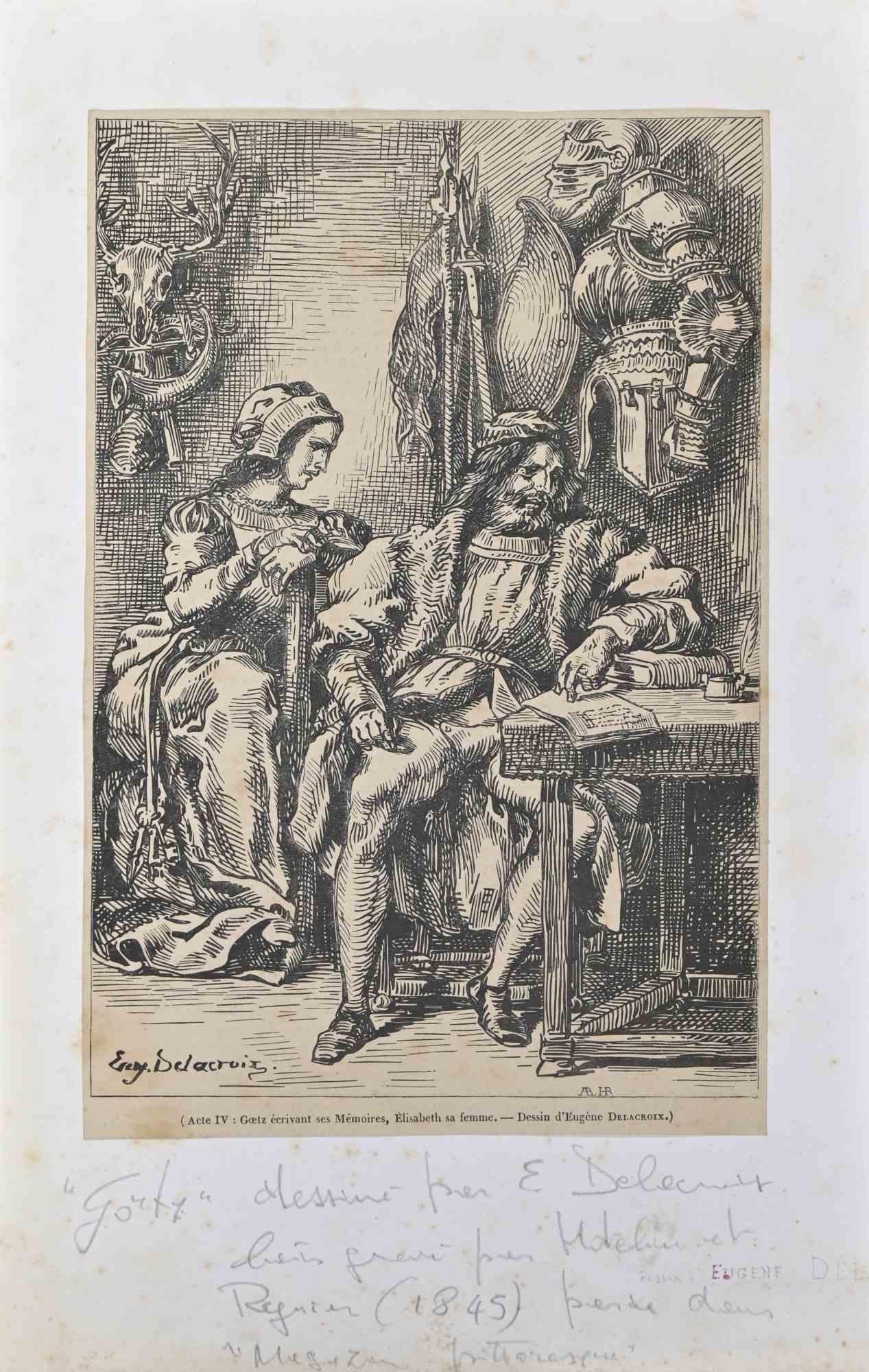 Eugene Delacroix Figurative Print - Goetz von Berlichingen writing his memories - Woodcut after E. Delacroix - 1845