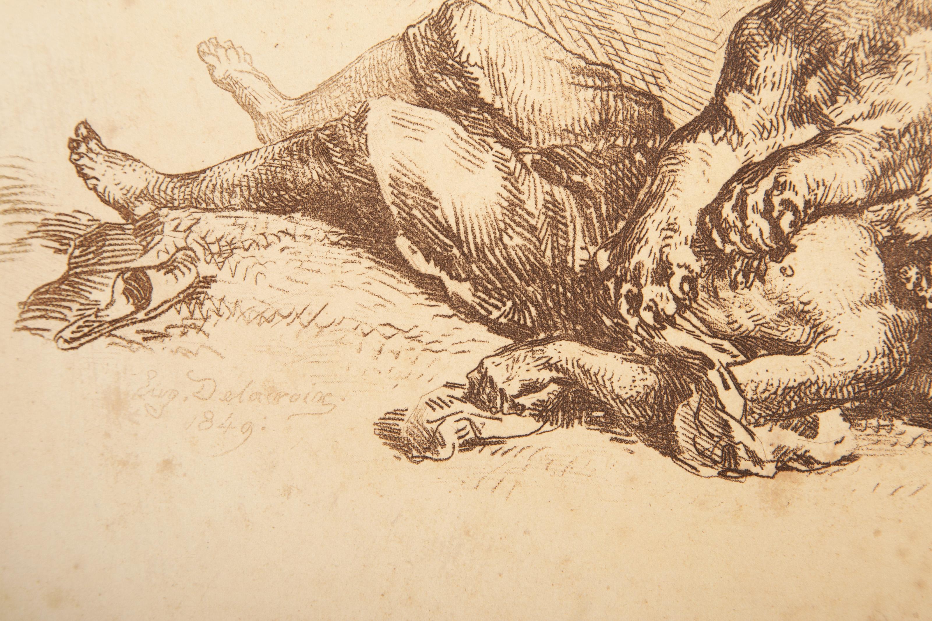 Lionne Dechirant la Poitrine d'un Arabe, Gravure moderne d'Eugene Delacroix en vente 2