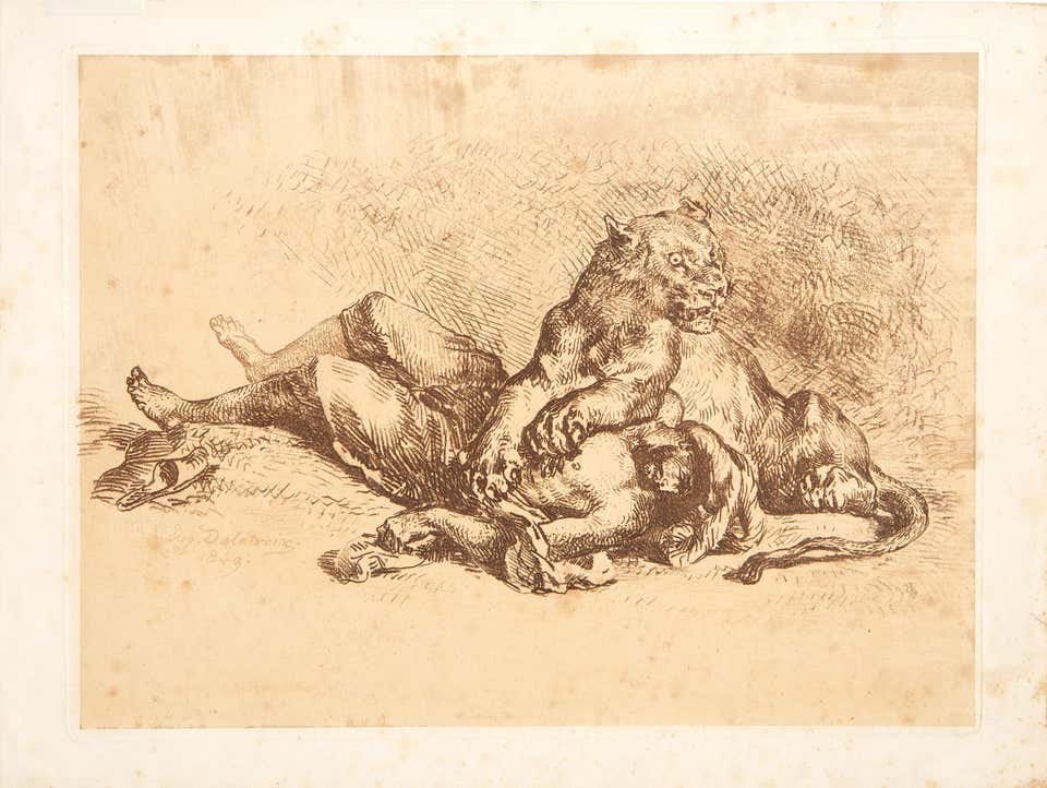 Lionne Dechirant la Poitrine d'un Arabe, Modern Etching by Eugene Delacroix