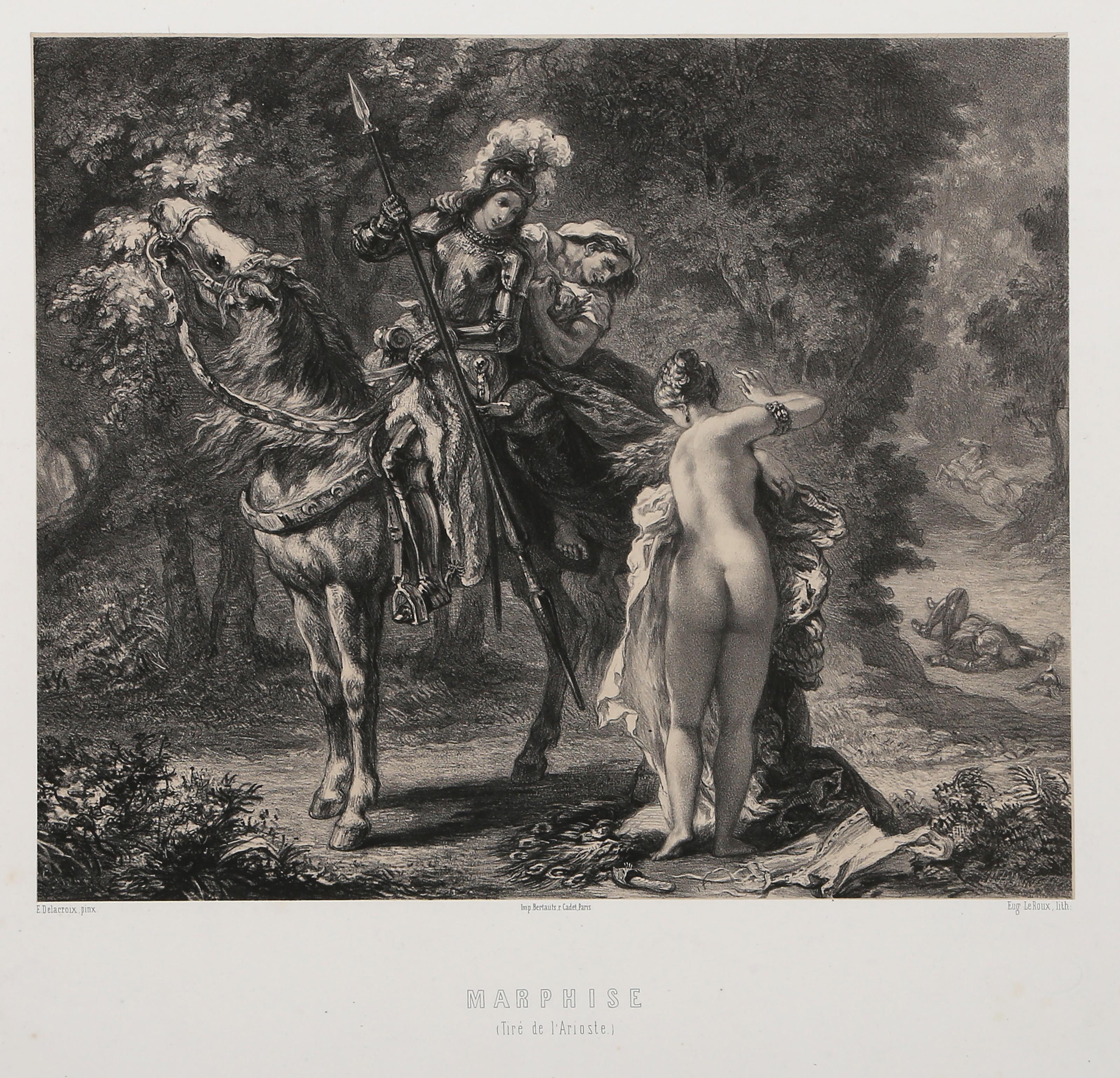 Eugene Delacroix, Dopo Eugene LeRoux, Francese (1798 - 1863) - Marphise (Tire de l'Arioste), Anno:  1850 circa, Medio:  Litografia, Dimensioni immagine:  10,5 x 13 pollici, Dimensioni:  19,25 x 25 pollici (48,9 x 63,5 cm), Stampatore:  Bertauts P.