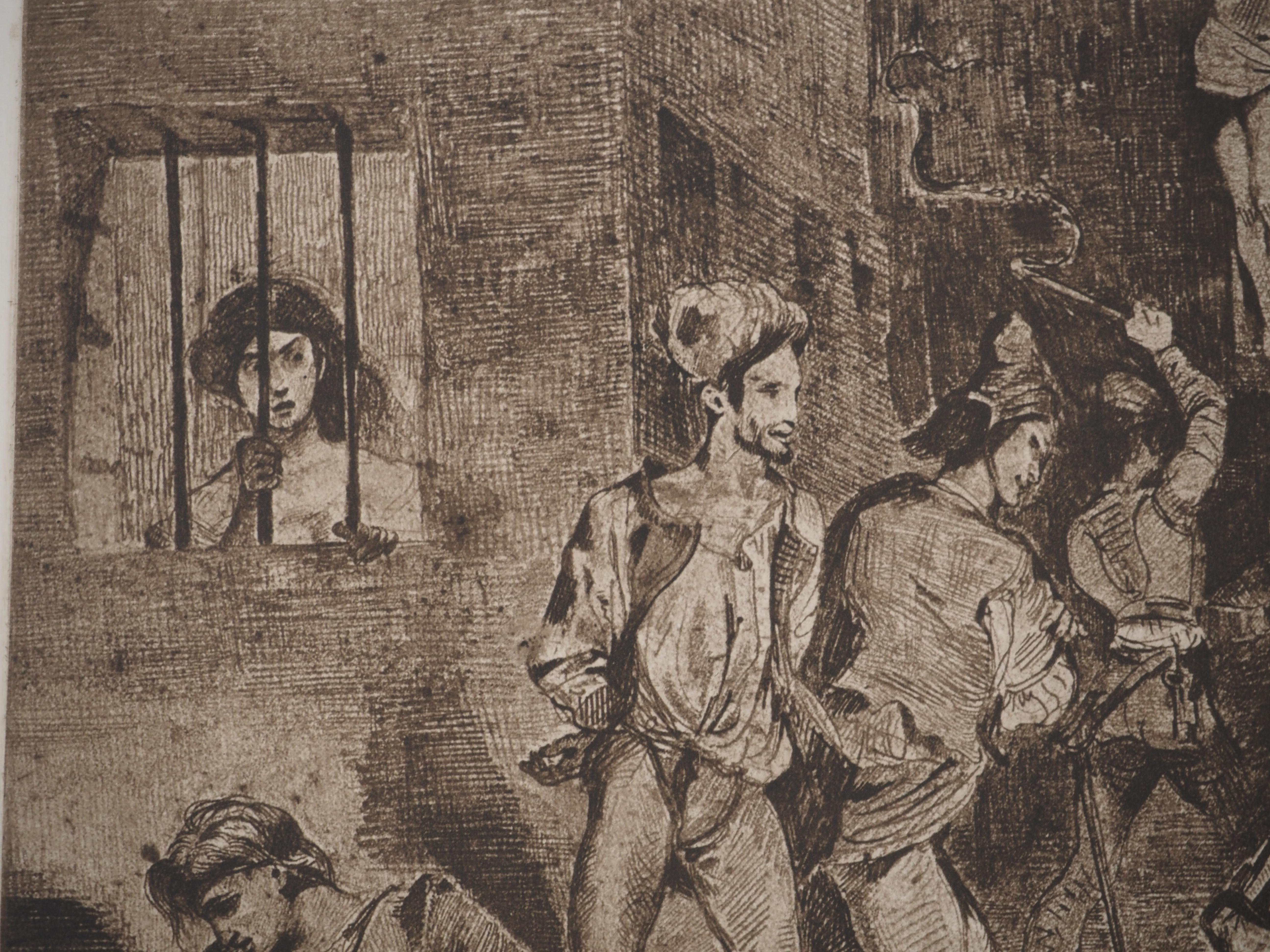 The Italian Poet Tasso in the Madhouse - Gravure à l'eau-forte - Gris Figurative Print par Eugene Delacroix