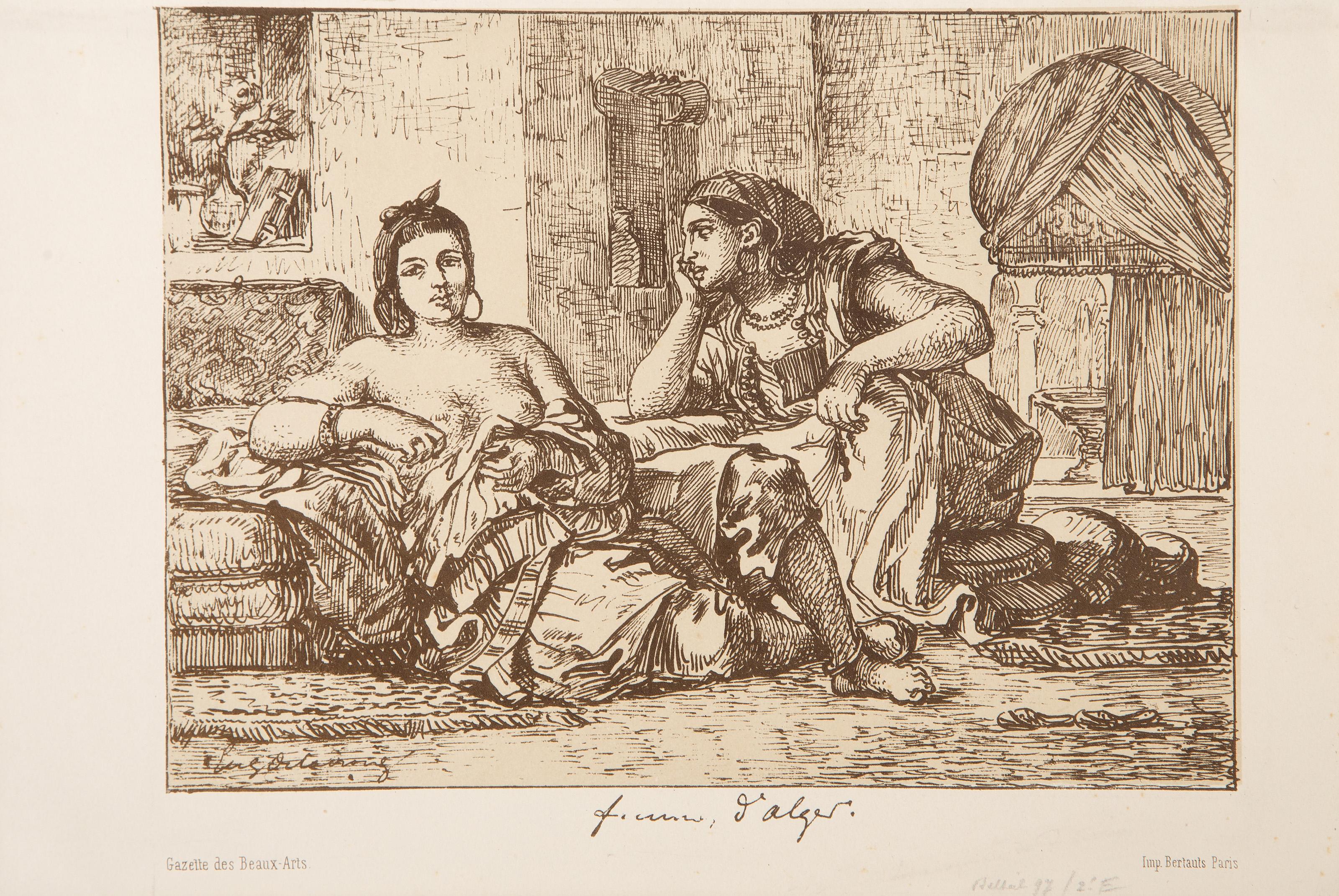  Eugene Delacroix, French (1798 - 1863) -  Women of Algiers (color), Year: 1838, Medium: Lithograph, Image Size: 6.25 x 8.75 inches, Size: 7.25 x 10.75 in. (18.42 x 27.31 cm), Publisher: Gazette des Beaux-Arts, Description: From the collection of