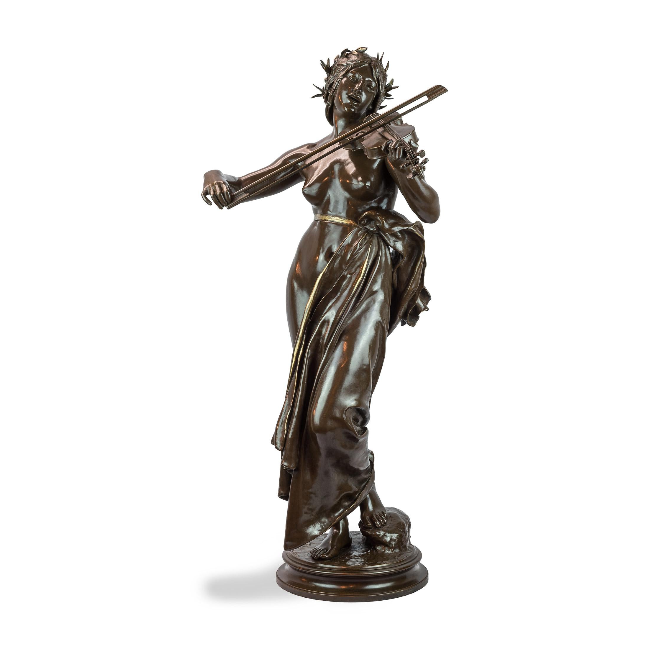 Eugène Delaplanche Figurative Sculpture - La Musique Patinated Bronze Sculpture by Delaplanche