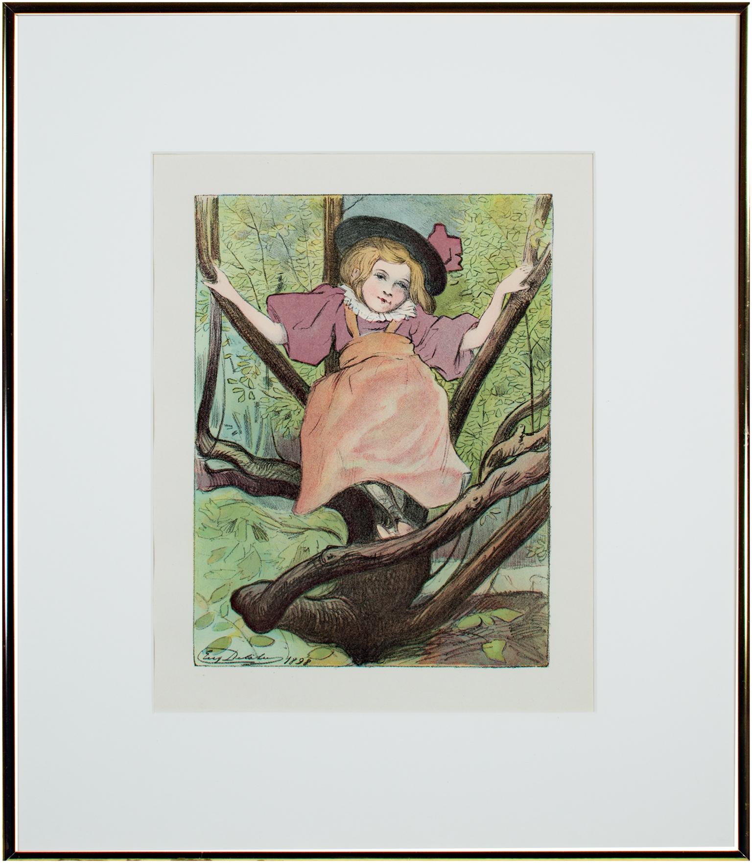19th century color lithograph female figure exterior child subject tree signed - Brown Figurative Print by Eugène Delâtre