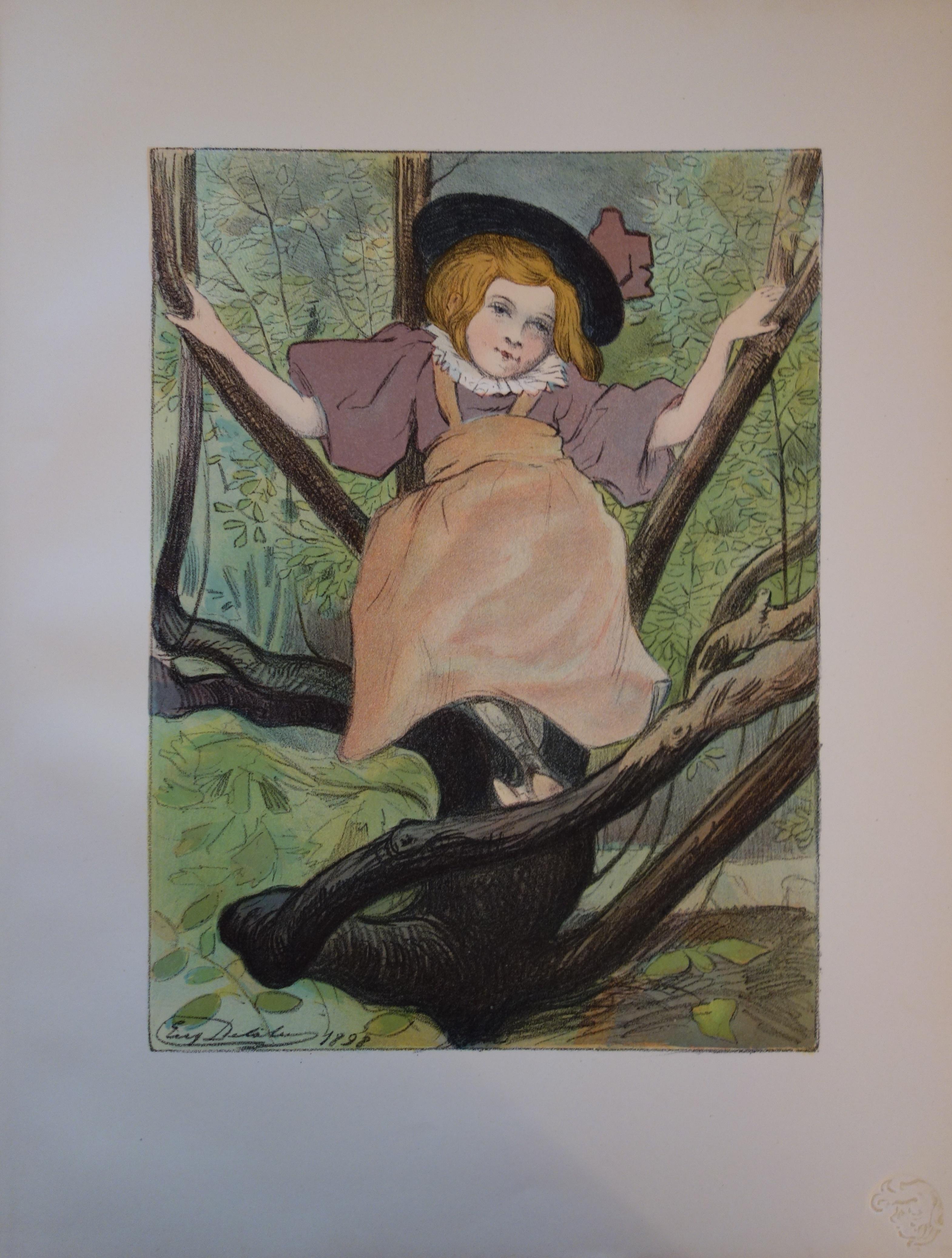 Young Girl Playing in the Woods - Original lithograph, 1898 - Print by Eugène Delâtre