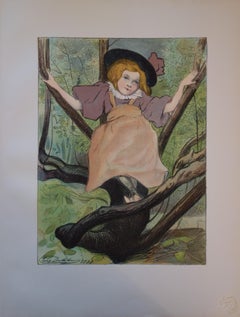 Giovane ragazza che gioca nel Wood - litografia originale, 1898