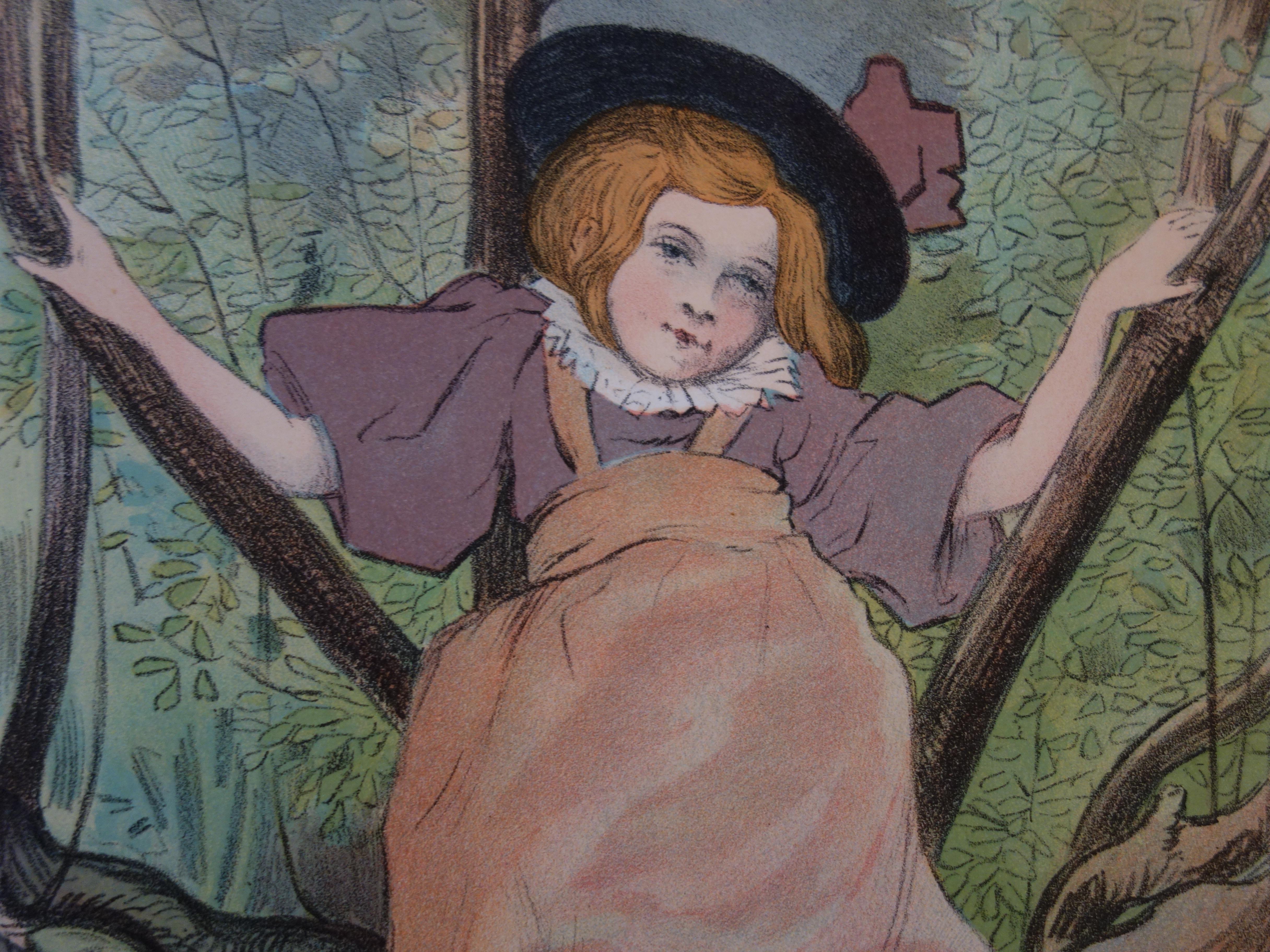 Young Girl Playing in the Woods - Original lithograph, 1898 - Symbolist Print by Eugène Delâtre