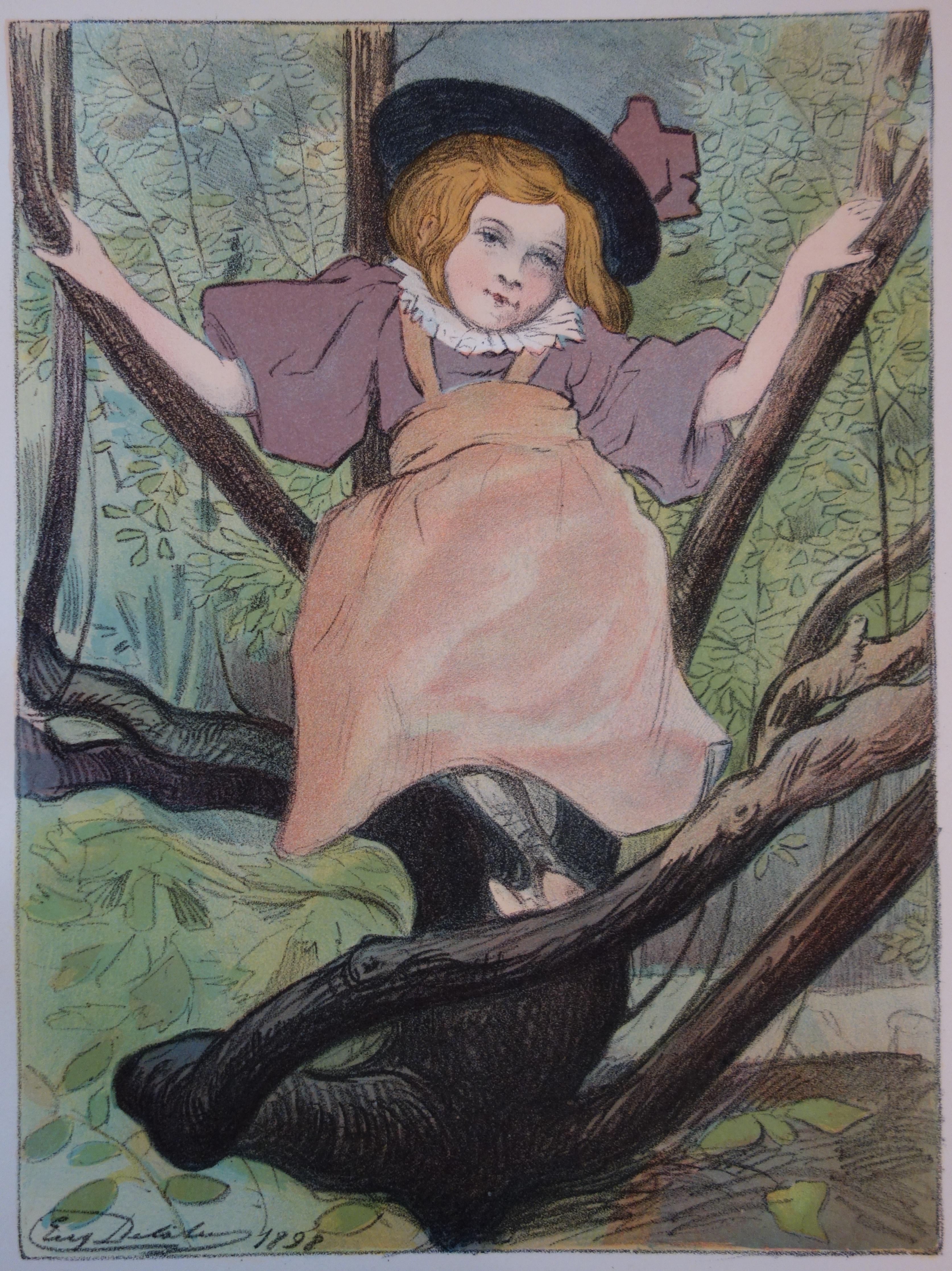 Eugène Delâtre Figurative Print - Young Girl Playing in the Woods - Original lithograph, 1898