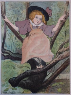 Giovane ragazza che gioca nel Wood - litografia originale, 1898