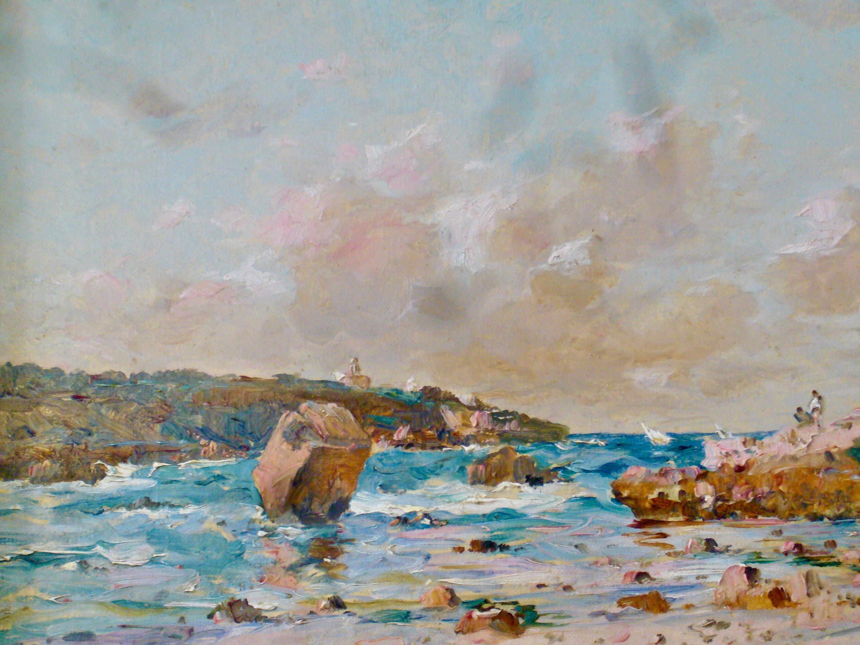 Une côte rocheuse en Normandie - 19th Century, Impressionist Landscape Painting For Sale 9
