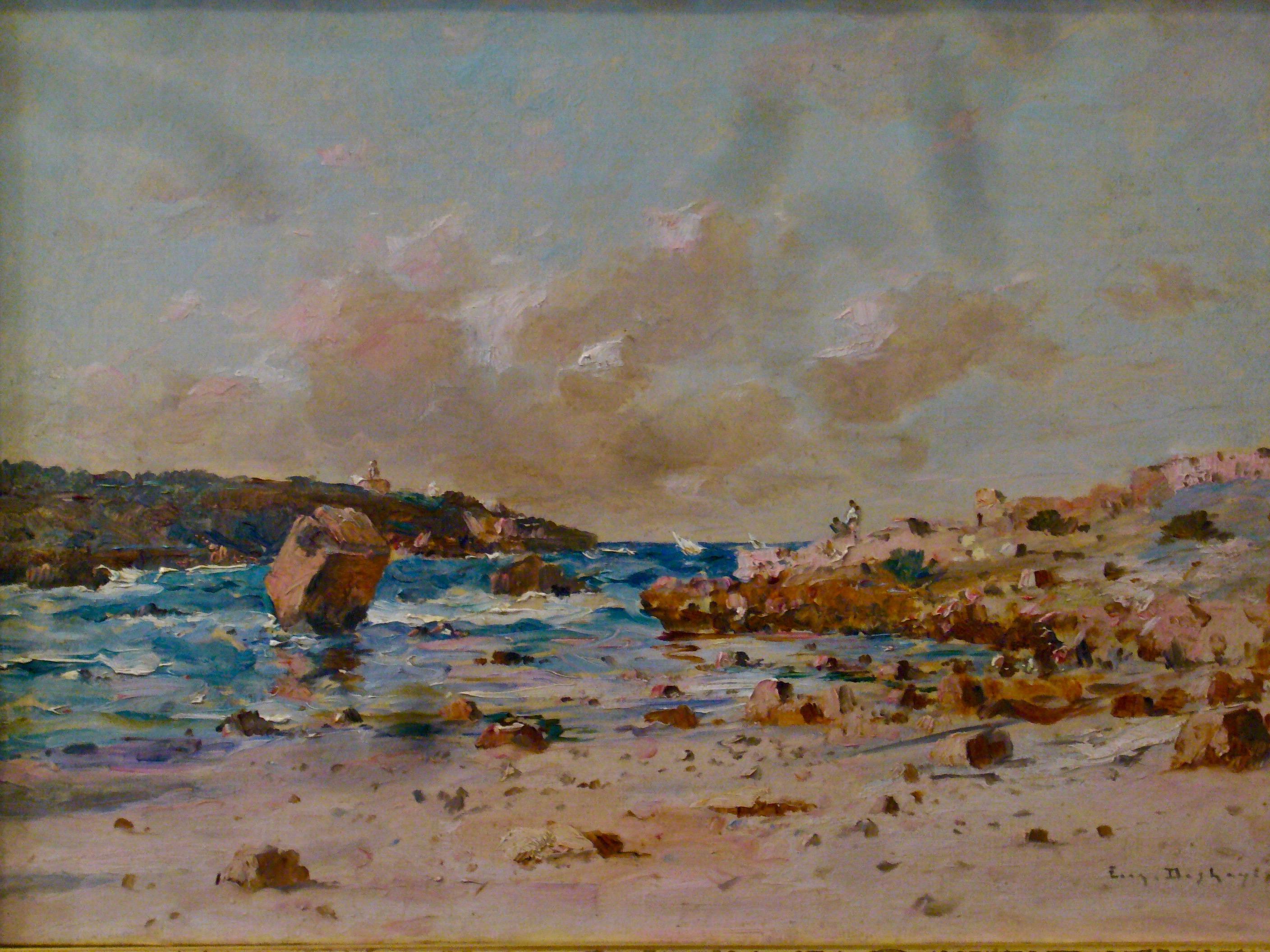 Eugène Deshayes  (1828-1890) 

Une côte rocheuse en Normandie
Signed French Impressionist Oil on Original Canvas, c. 1880

Eugène Deshayes was a French painter who was born in 1828.  He began his painterly studies under the guidance of his father,