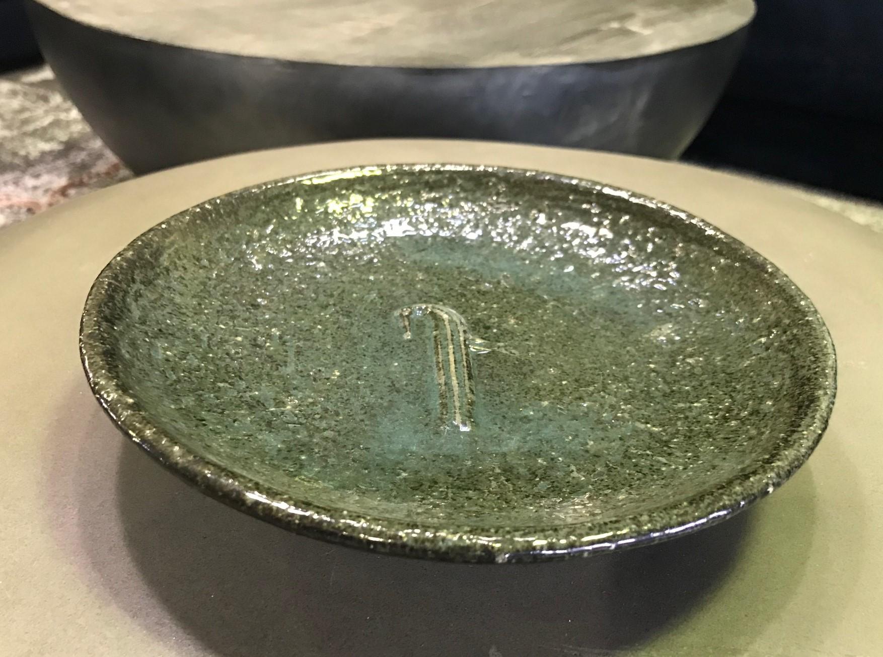 Mid-Century Modern Eugene Deutch Signed Midcentury Glazed Ceramic Pottery Low Bowl Bird Plate, 1951