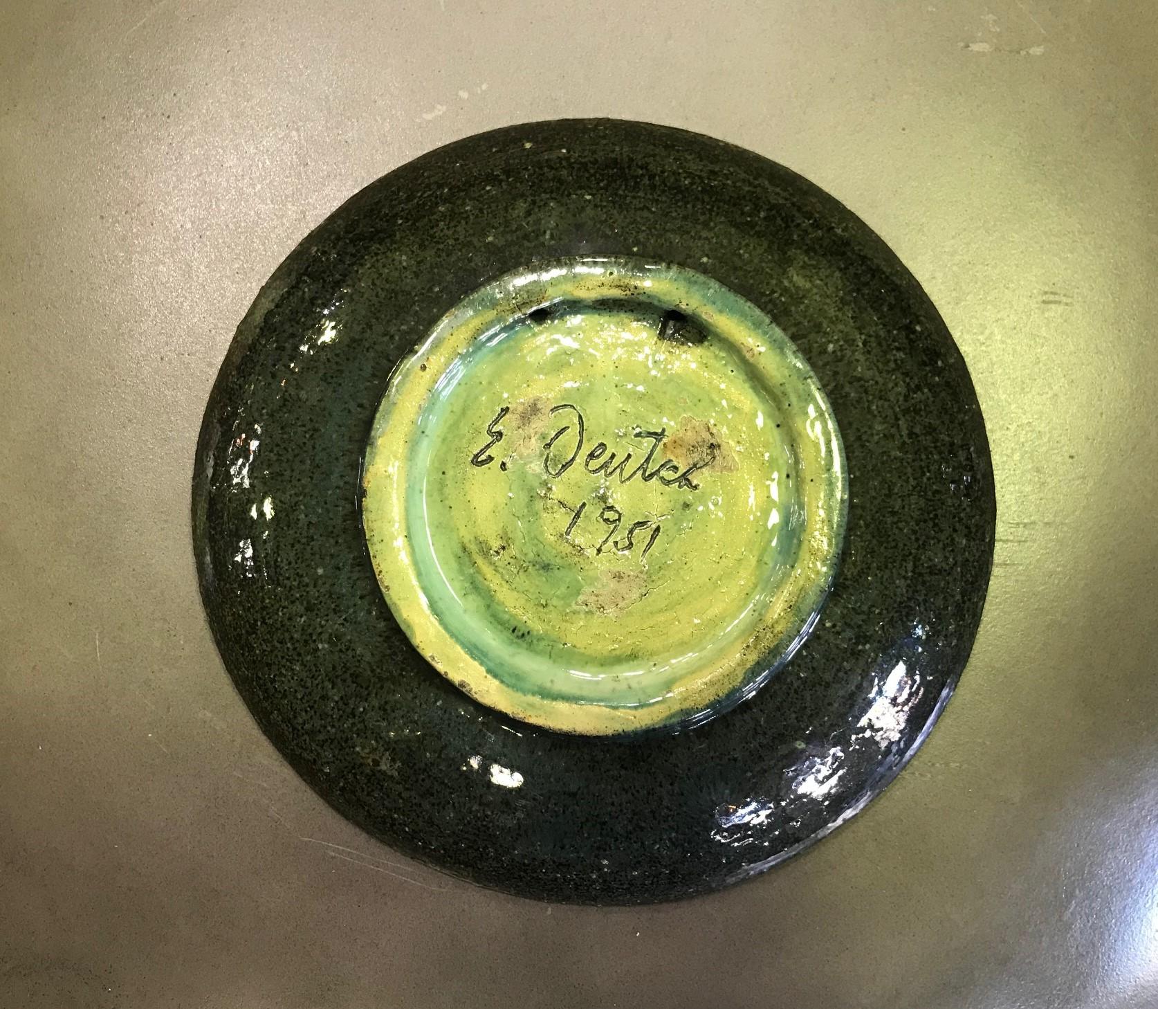 Eugene Deutch Signed Midcentury Glazed Ceramic Pottery Low Bowl Bird Plate, 1951 In Good Condition In Studio City, CA
