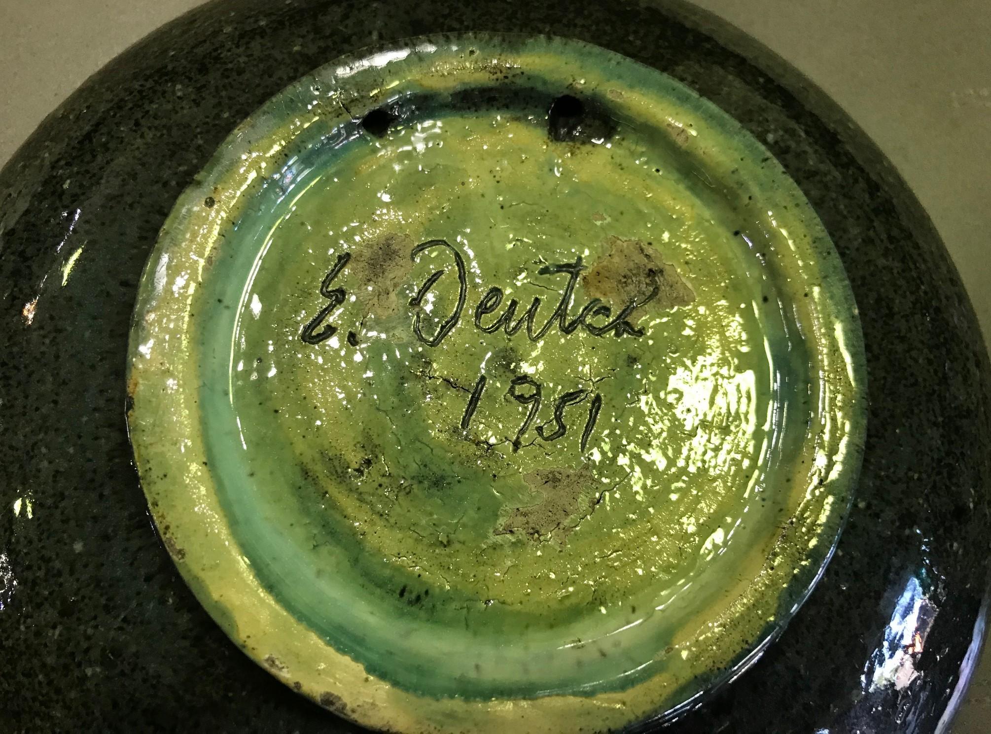 Mid-20th Century Eugene Deutch Signed Midcentury Glazed Ceramic Pottery Low Bowl Bird Plate, 1951